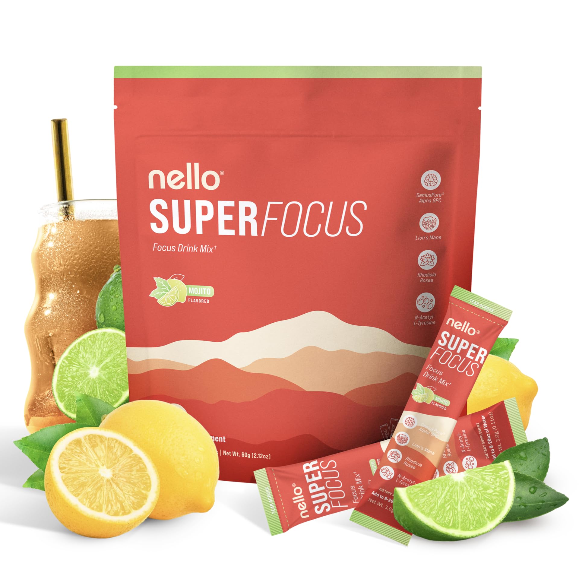 Nello Superfocus Mojito frontal del paquete mostrando 20 sobres y beneficios visibles