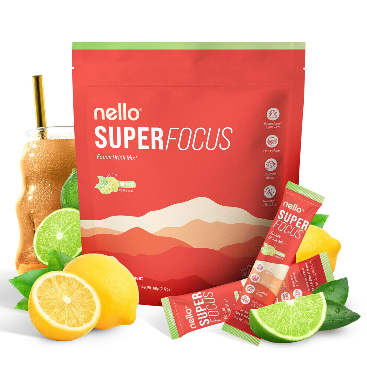 Nello Superfocus Mojito frontal del paquete mostrando 20 sobres y beneficios visibles