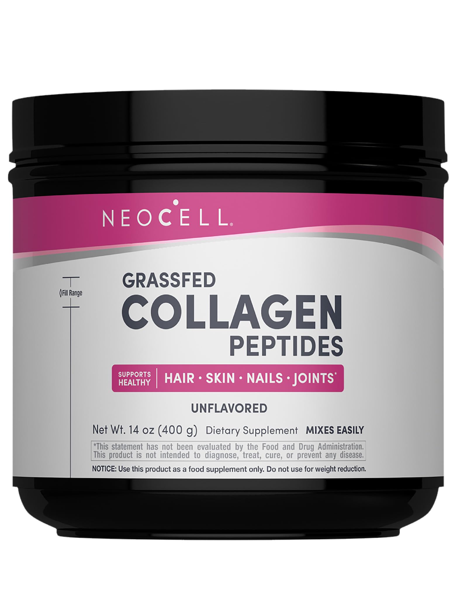 NeoCell envase frontal del colágeno grassfed, presentación clara y beneficios diarios