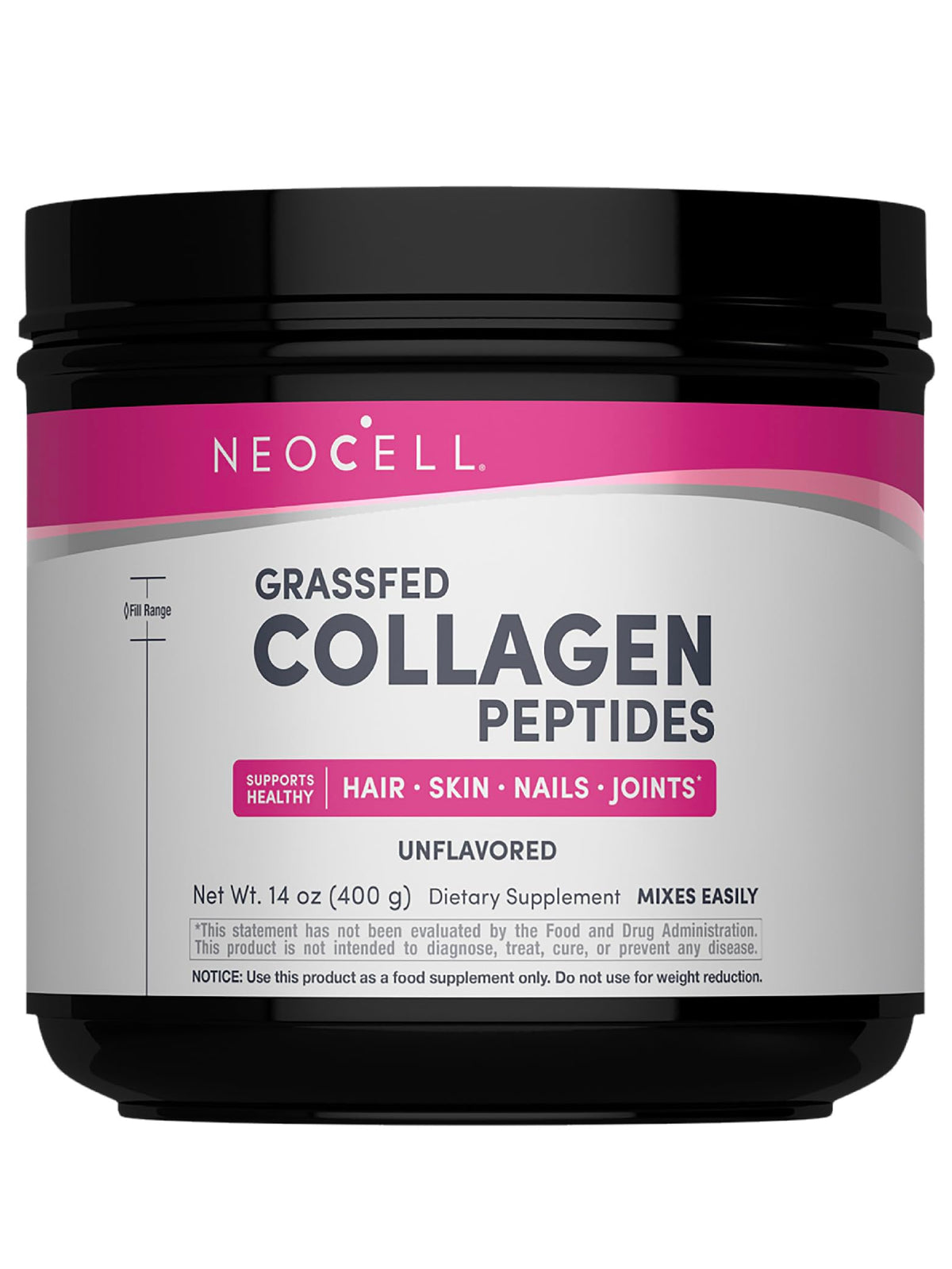 NeoCell envase frontal del colágeno grassfed, presentación clara y beneficios diarios