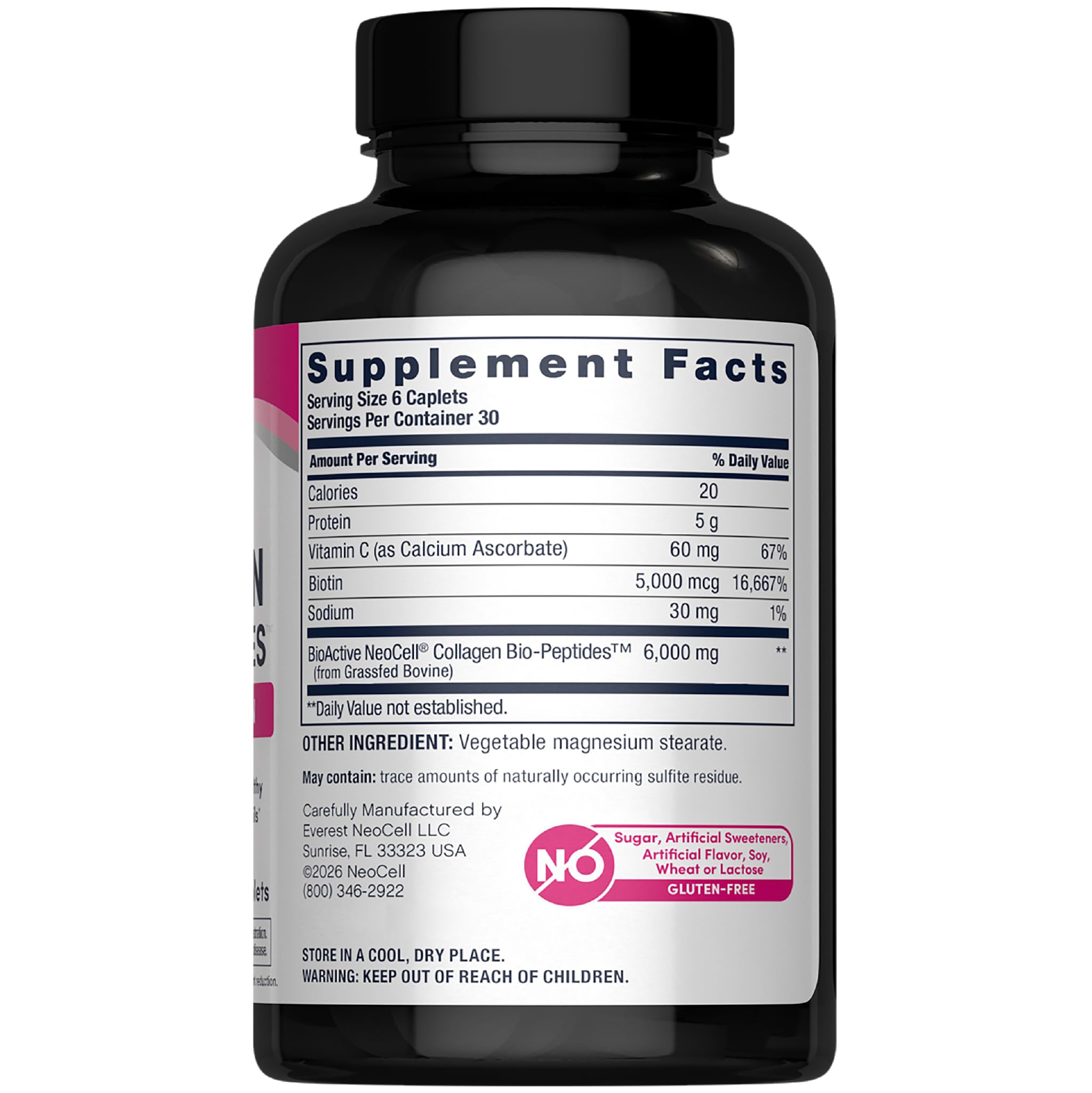 NeoCell etiqueta de producto con tipos de colágeno y ingredientes clave