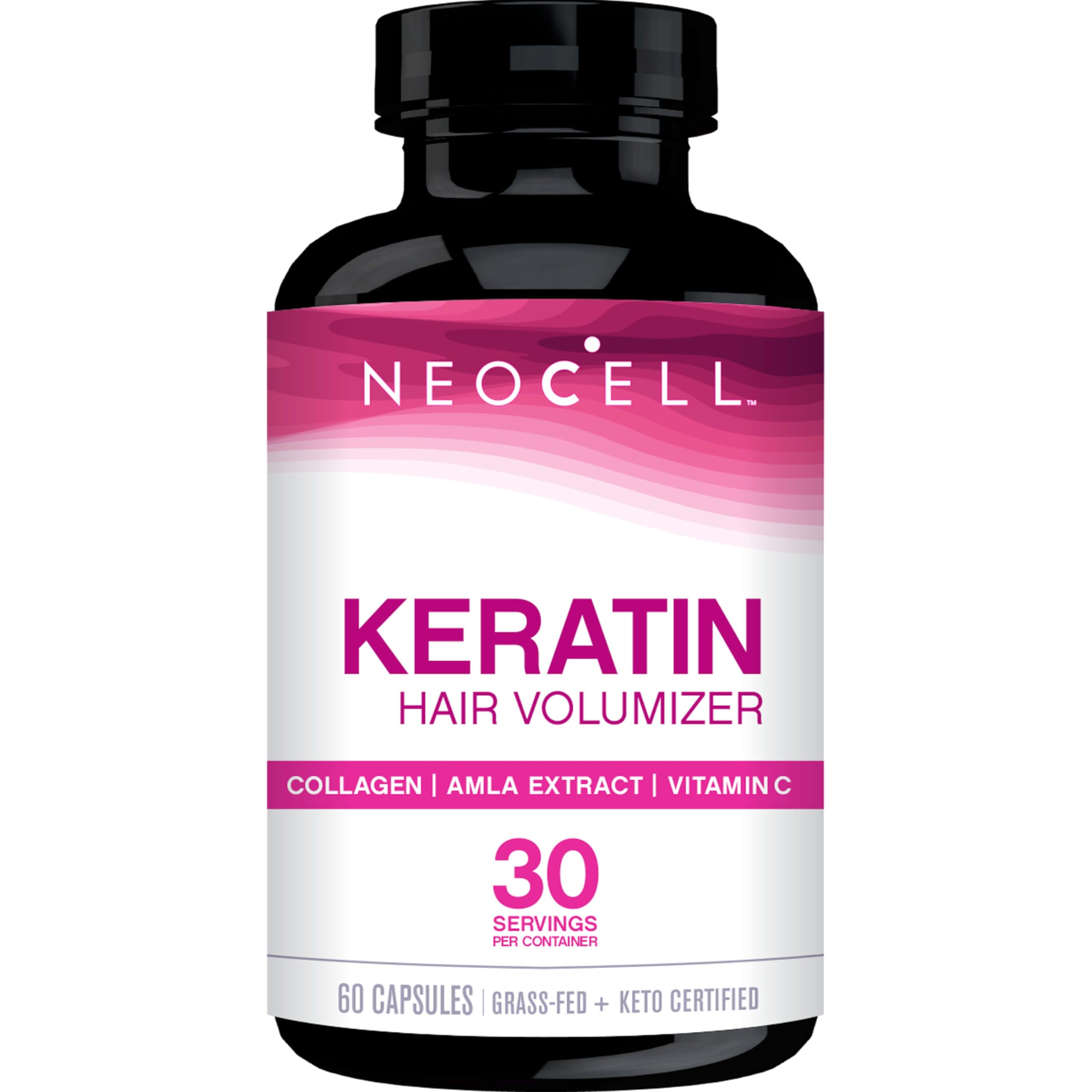 NeoCell frasco delante mostrando etiqueta y beneficios de nutrición capilar