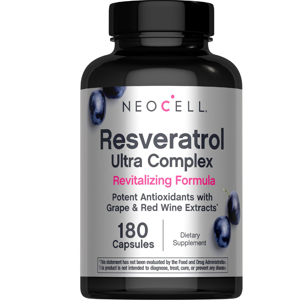 NeoCell frasco frontal del suplemento resveratrol mostrando etiqueta y claridad
