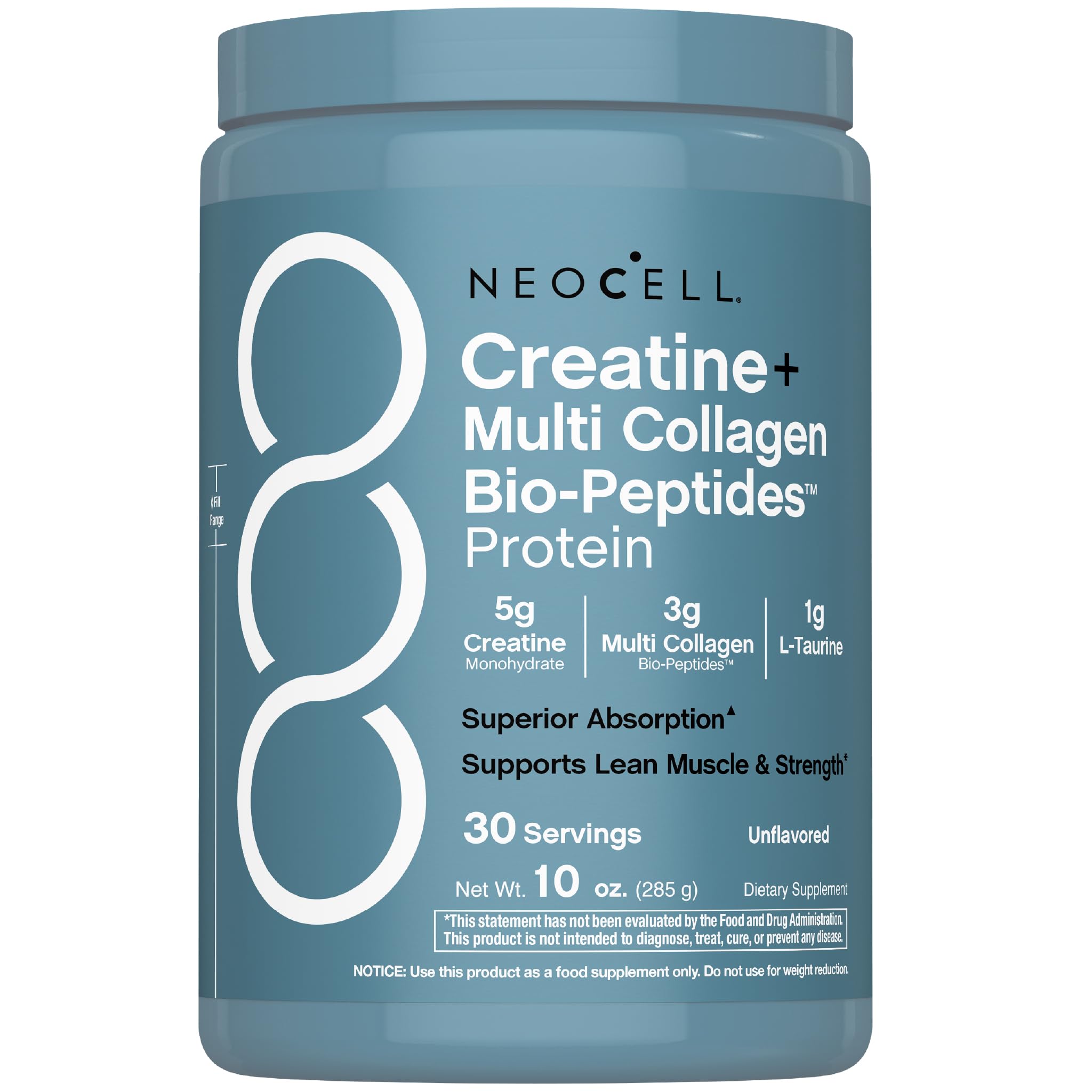NeoCell envase frontal que muestra la mezcla de creatina y colágeno, facilidad de uso