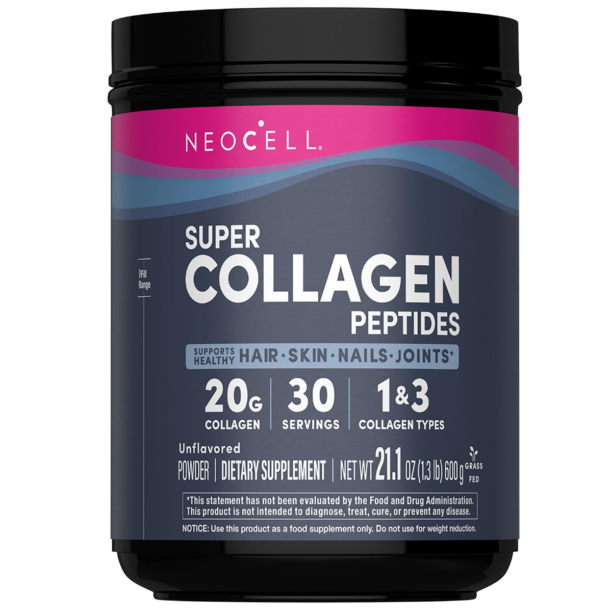 NeoCell envase frontal que muestra colágeno sin sabor y beneficios visibles