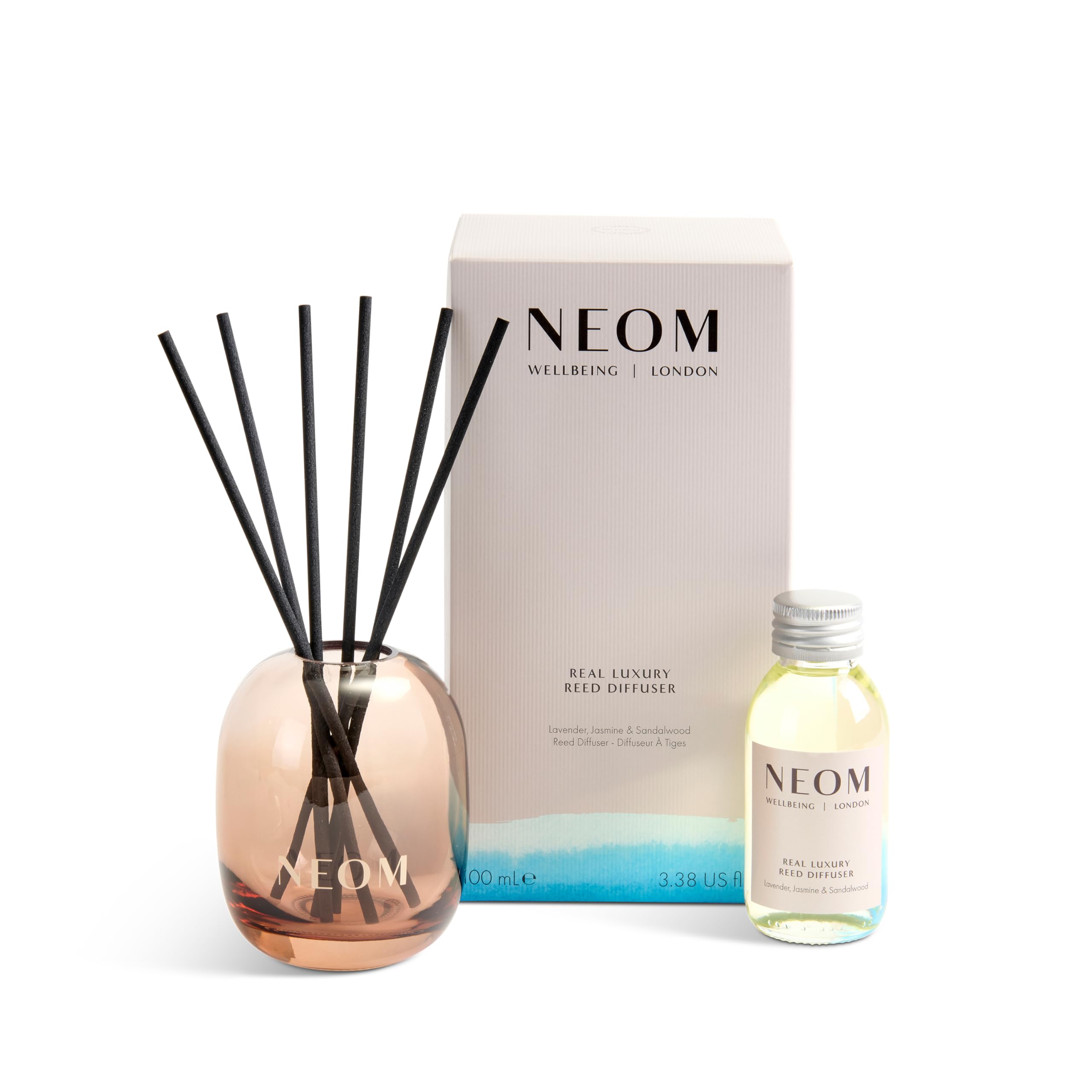 NEOM etiqueta del frasco mostrando ingredientes y uso claro y práctico