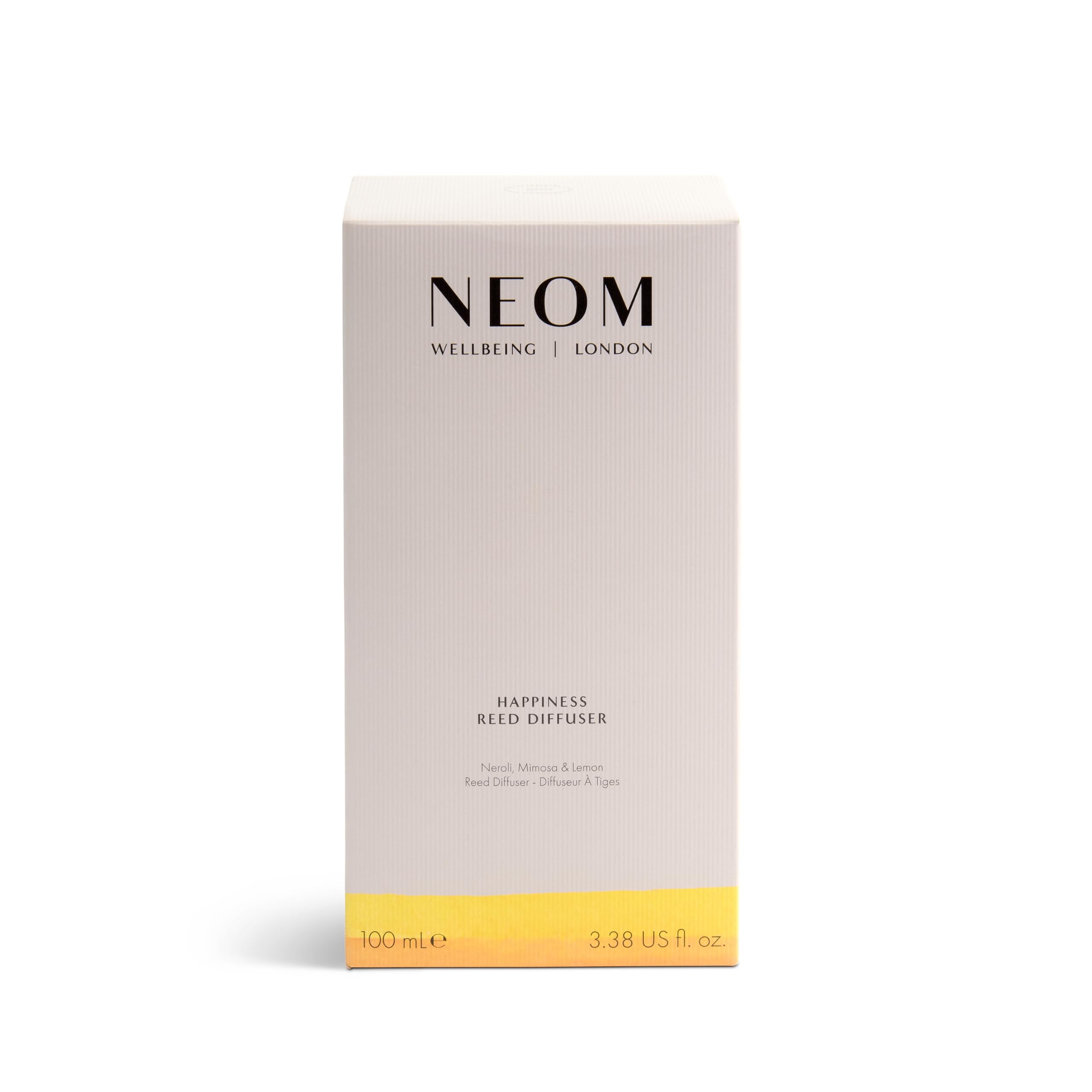 NEOM etiqueta del frasco y proceso de recarga que muestra limpieza y ahorro
