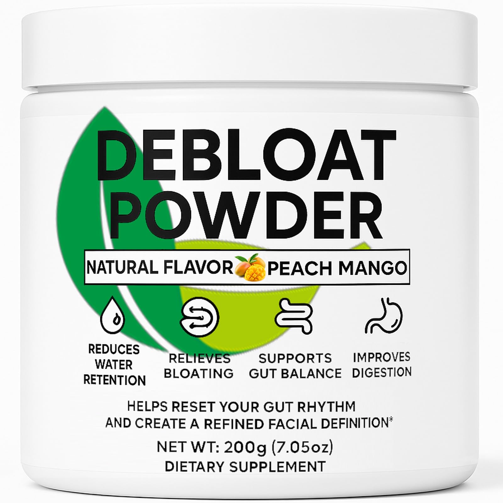 Neonomicon envase frontal del Debloat Powder mostrando el tamaño 200g y beneficios visibles