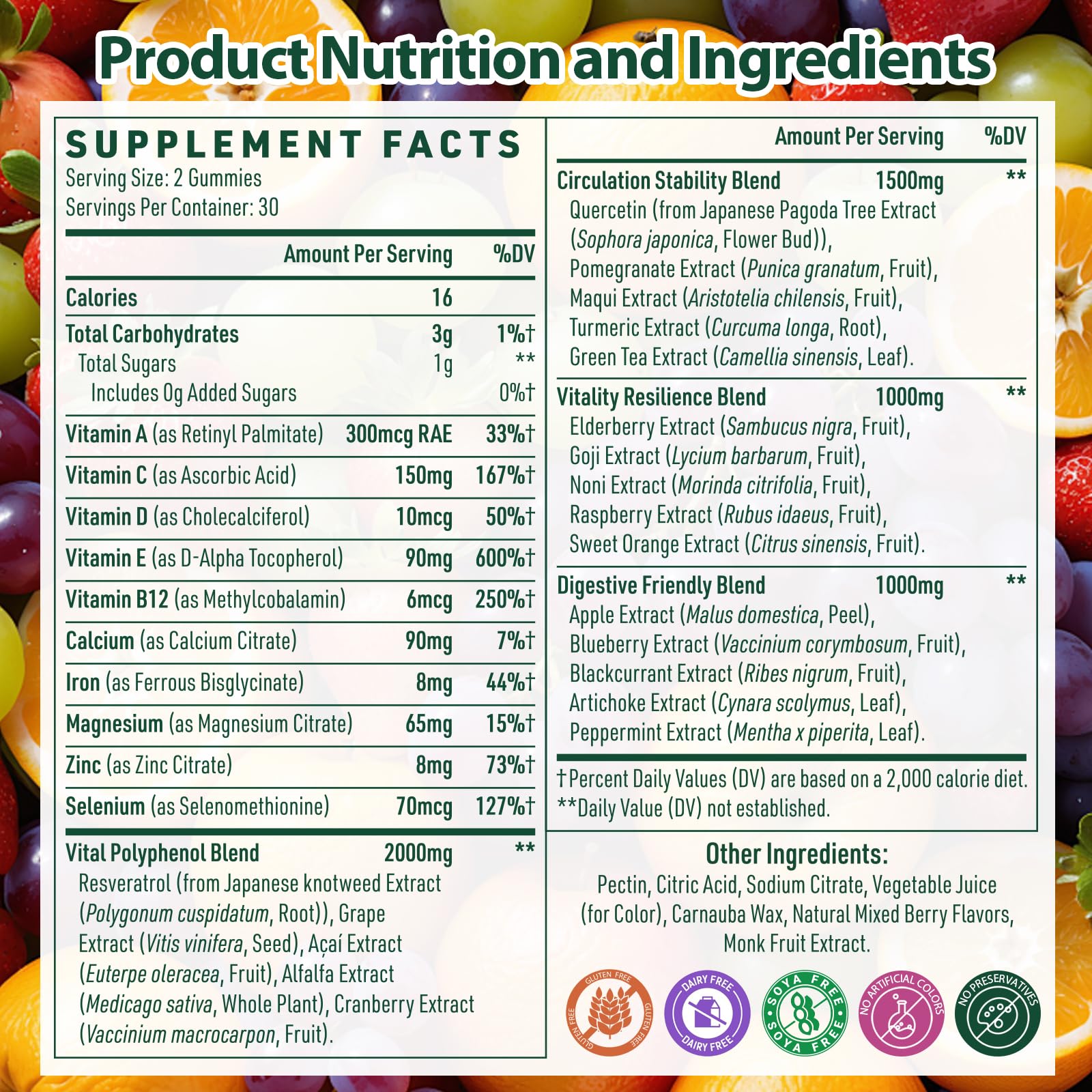 Nepeolithia etiqueta nutricional legible con lista de extractos y vitaminas