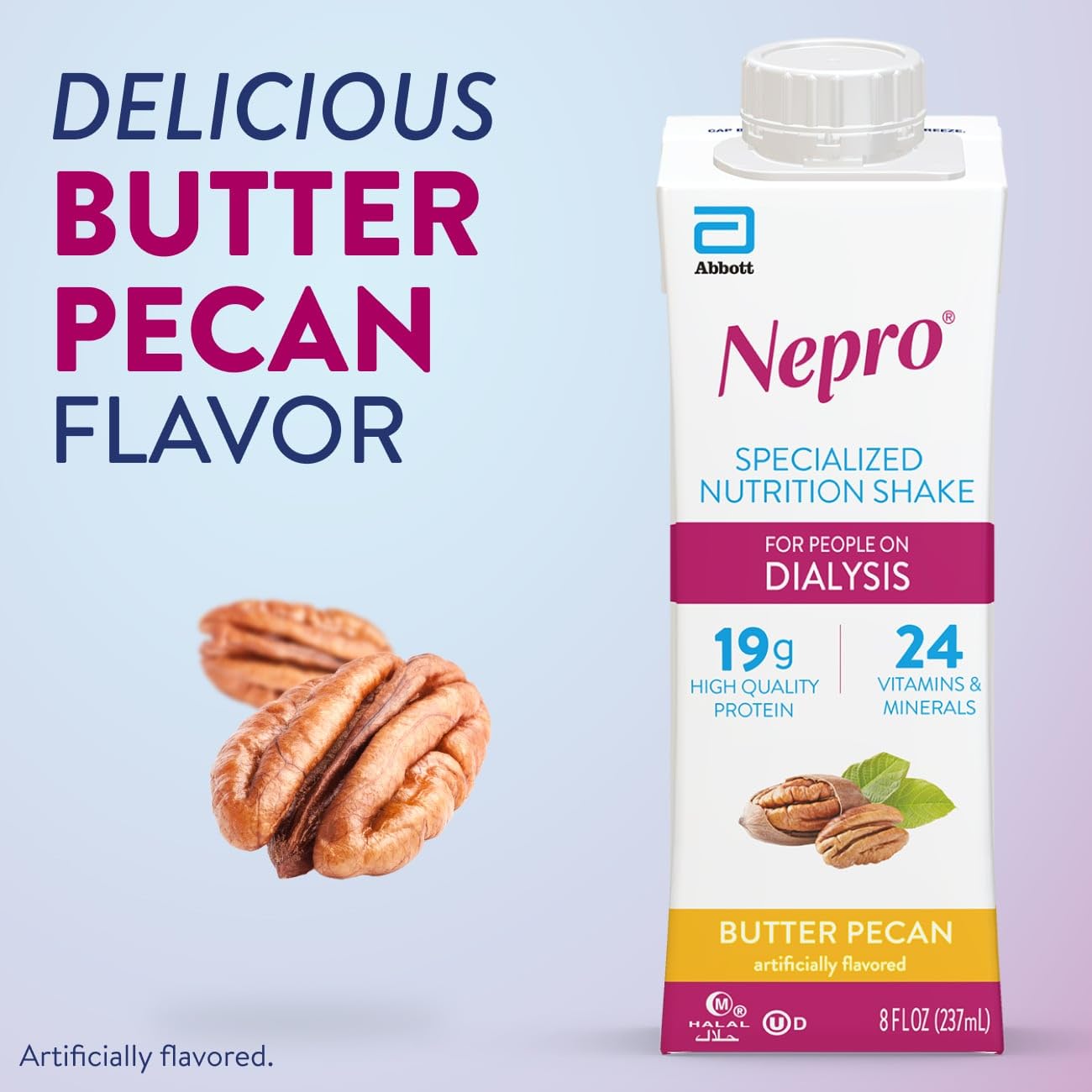 Nepro en mano comparando tamaño de 8 fl oz para control de porciones