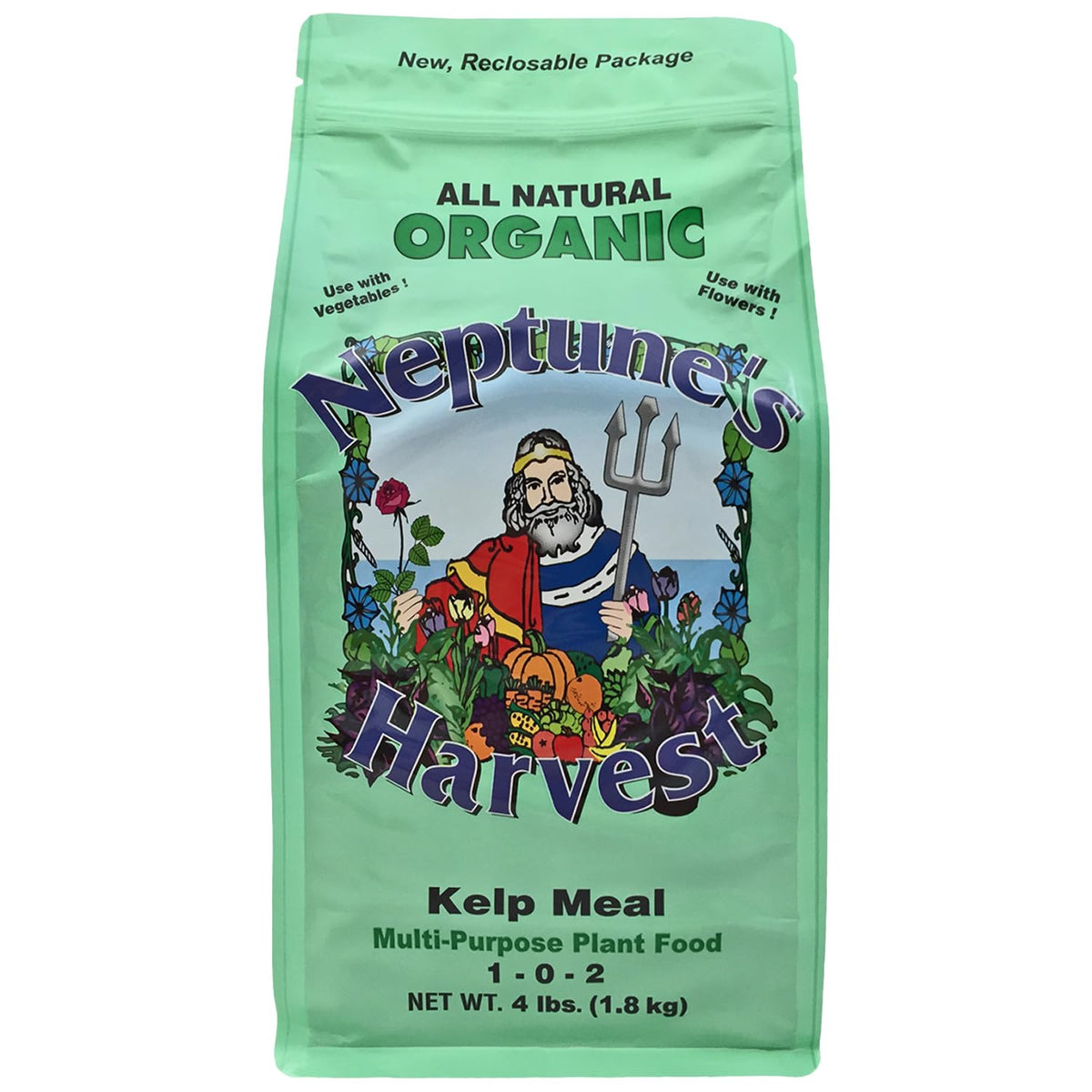 Neptune’s Harvest bolsa frontal mostrando etiqueta y cierre resellable, beneficios prácticos