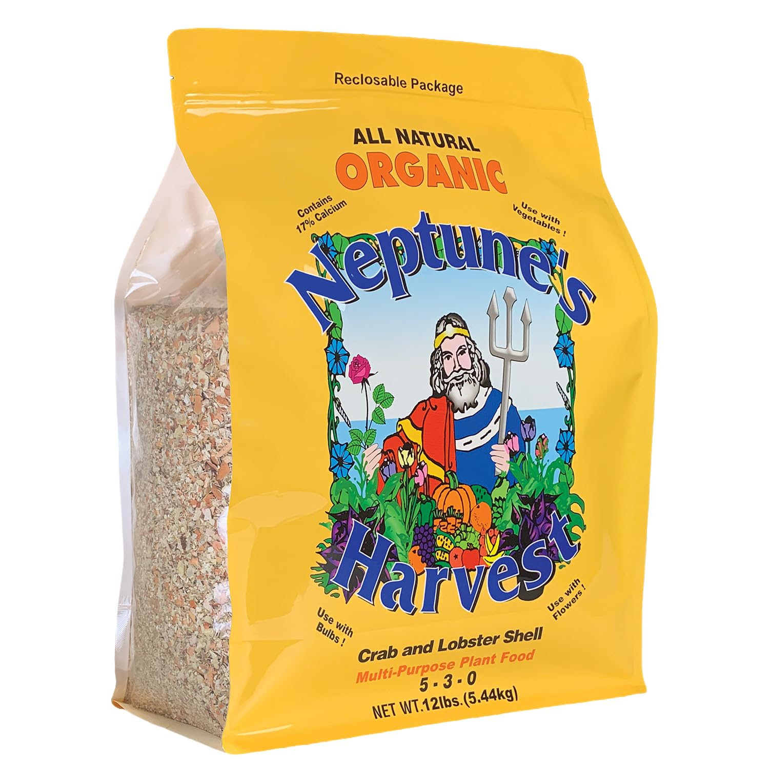 Neptune’s Harvest bolsa frontal mostrando el envase resellable y beneficio de fácil almacenamiento