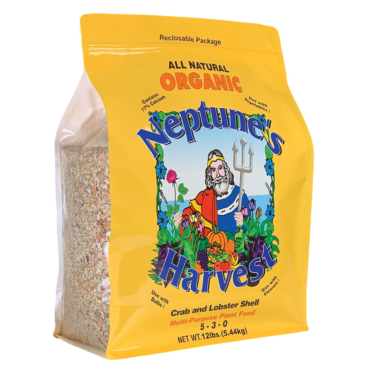 Neptune’s Harvest bolsa frontal mostrando el envase resellable y beneficio de fácil almacenamiento