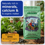 Neptune’s Harvest textura del kelp meal en foco cercano, muestra granulado y calidad