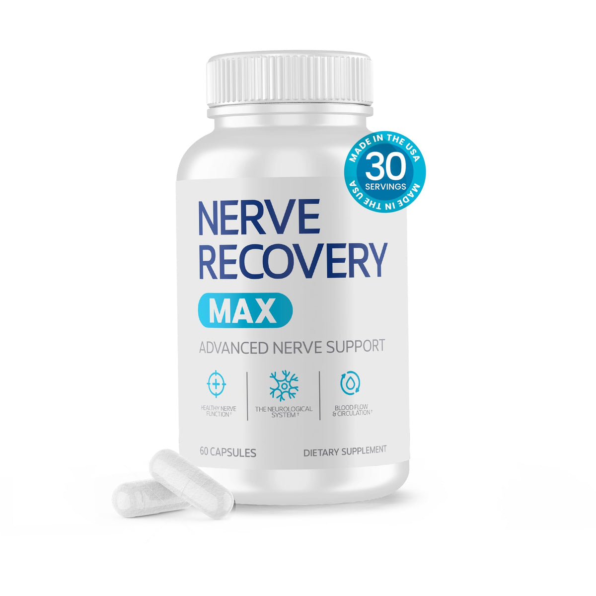Nerve Recovery Max envase frontal mostrando etiqueta y beneficios