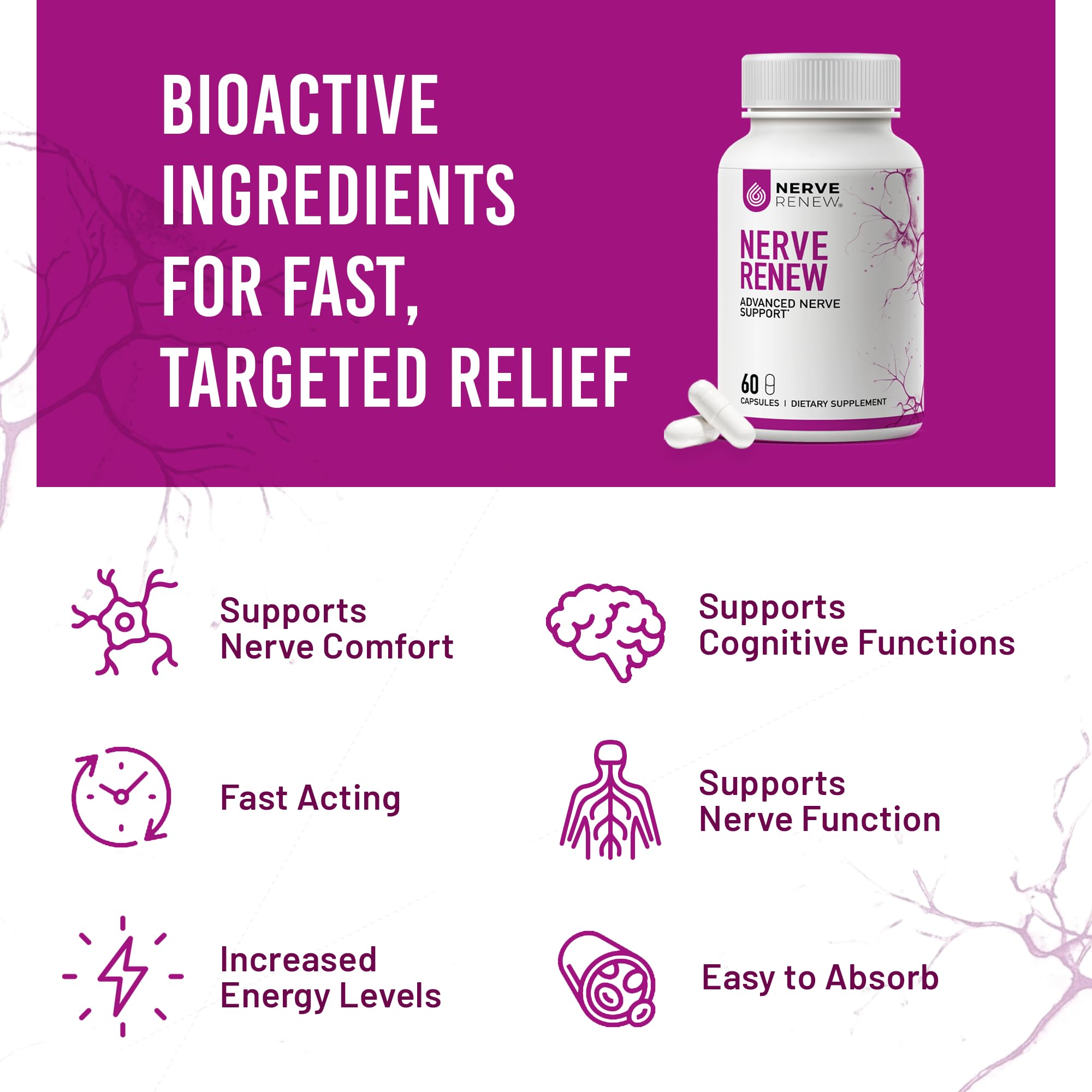 NERVE RENEW ingredientes en fondo con enfoque en R-ALA y benfotiamina