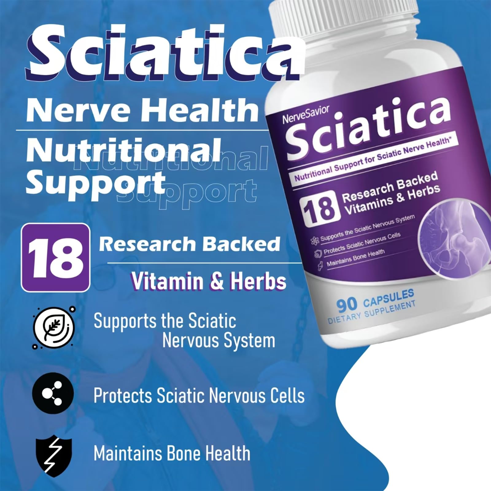 Nerve Savior cápsula en mano para escala, beneficio: tamaño y dosificación visualizados