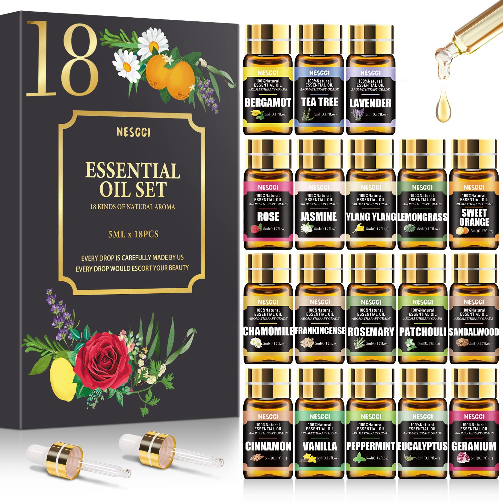 NESCCI set frontal del empaque mostrando las 18 botellas para regalar y probar aromas