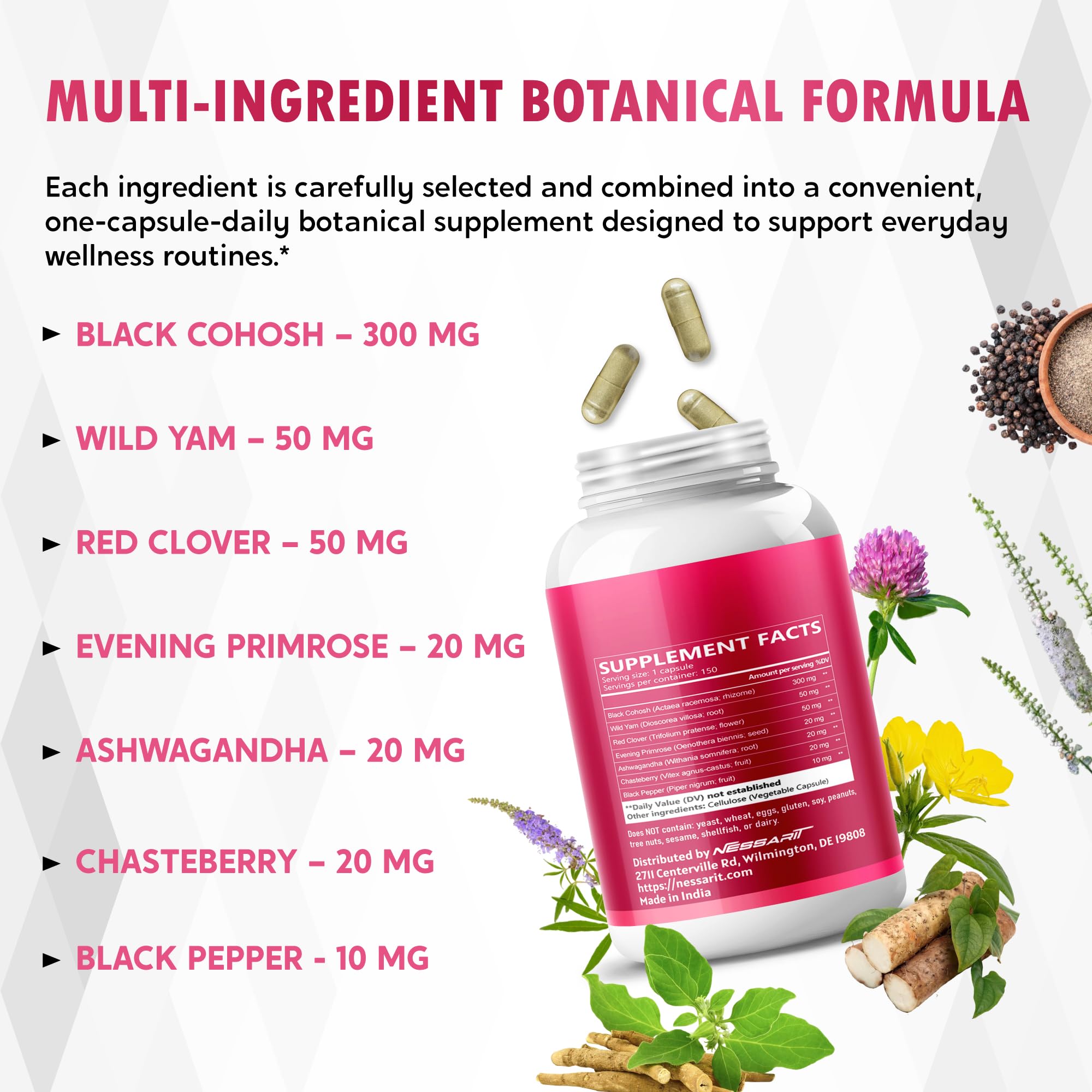 Nessarit mezcla de ingredientes cerca mostrando cohosh y beneficios botánicos