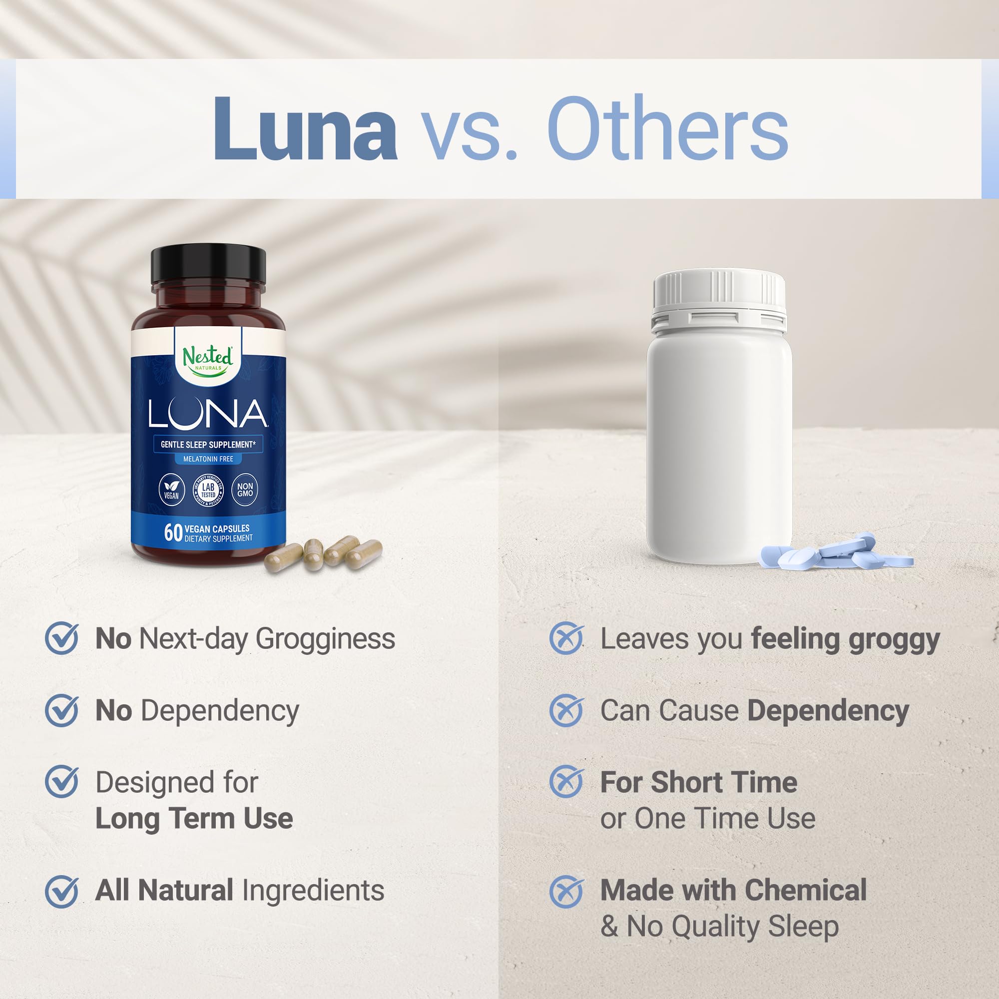 Nested Naturals etiqueta nutricional en foco, claridad de ingredientes y dosis