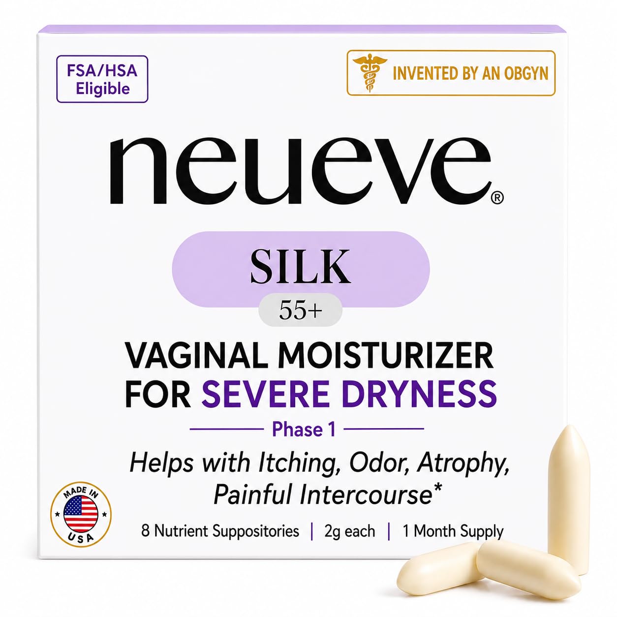 NeuEve Silk frente del empaque mostrando envase y beneficio de alivio duradero