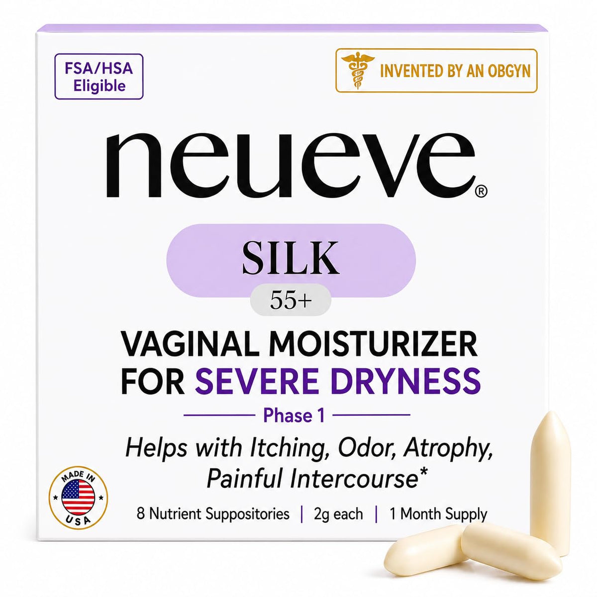 NeuEve Silk frente del empaque mostrando envase y beneficio de alivio duradero