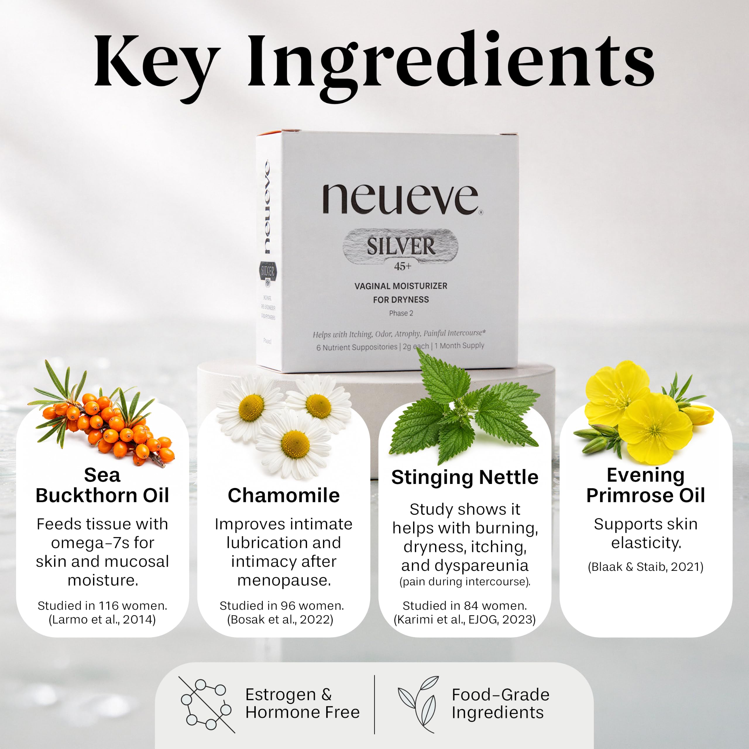 NeuEve etiqueta con lista de ingredientes naturales y beneficios