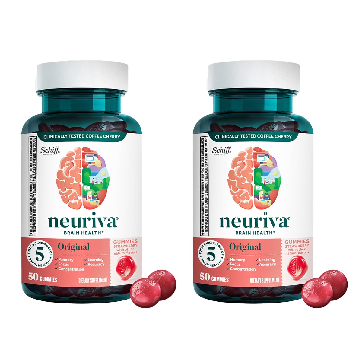 NEURIVA envase frontal mostrando 50 gomitas y beneficio de apoyo cognitivo