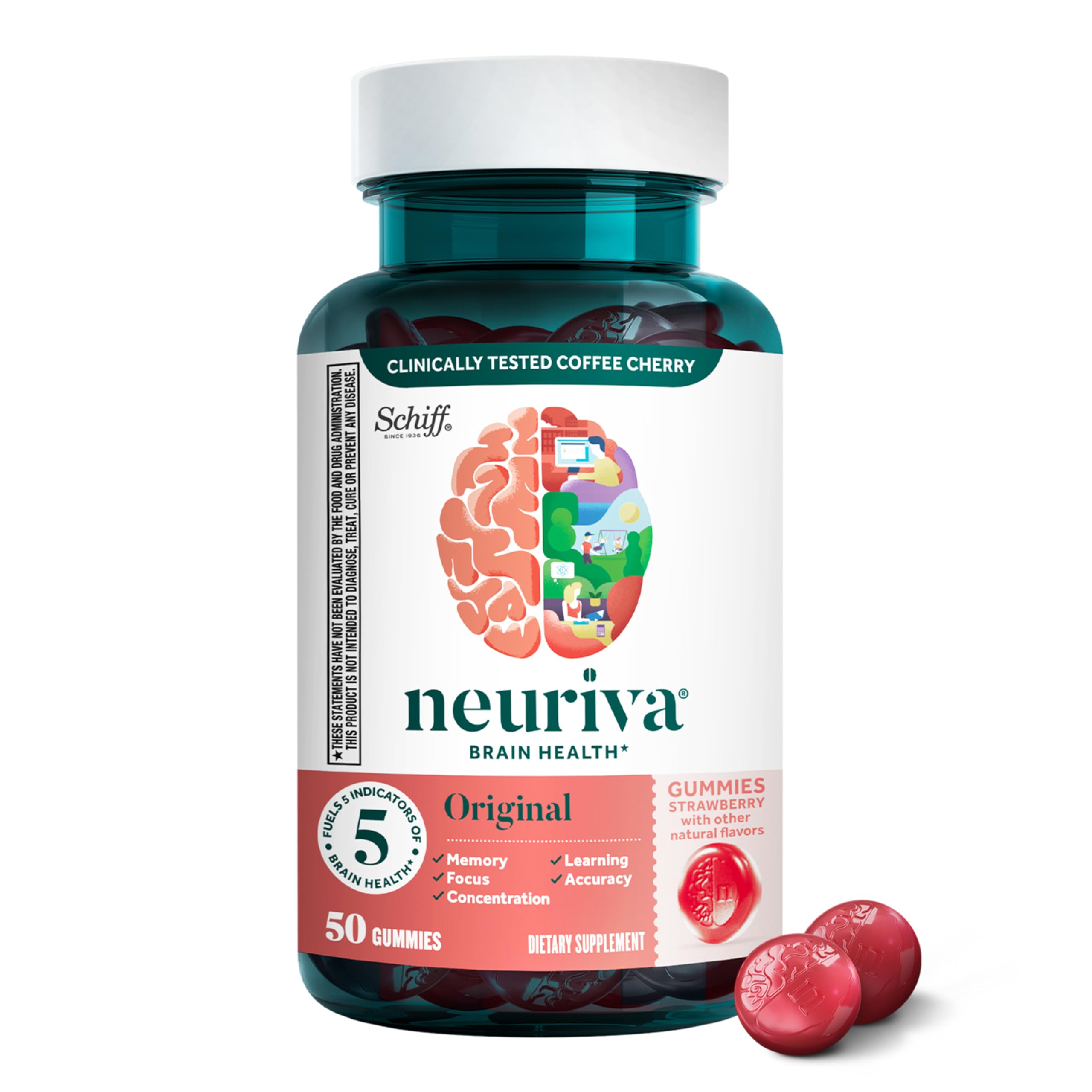 NEURIVA envase frontal mostrando 50 gomitas y beneficios para la memoria