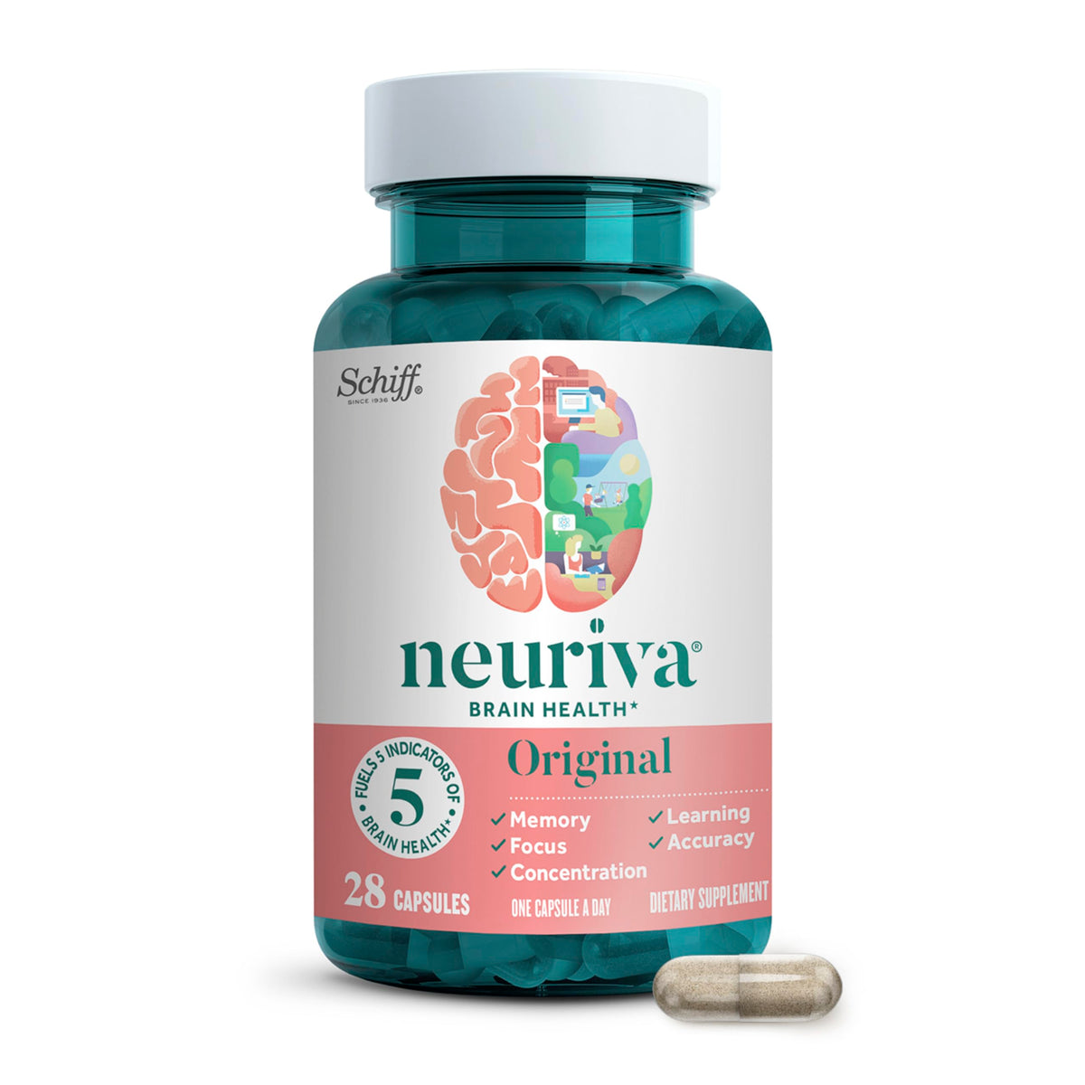 NEURIVA envase frontal mostrando cápsulas y beneficio de apoyo cognitivo