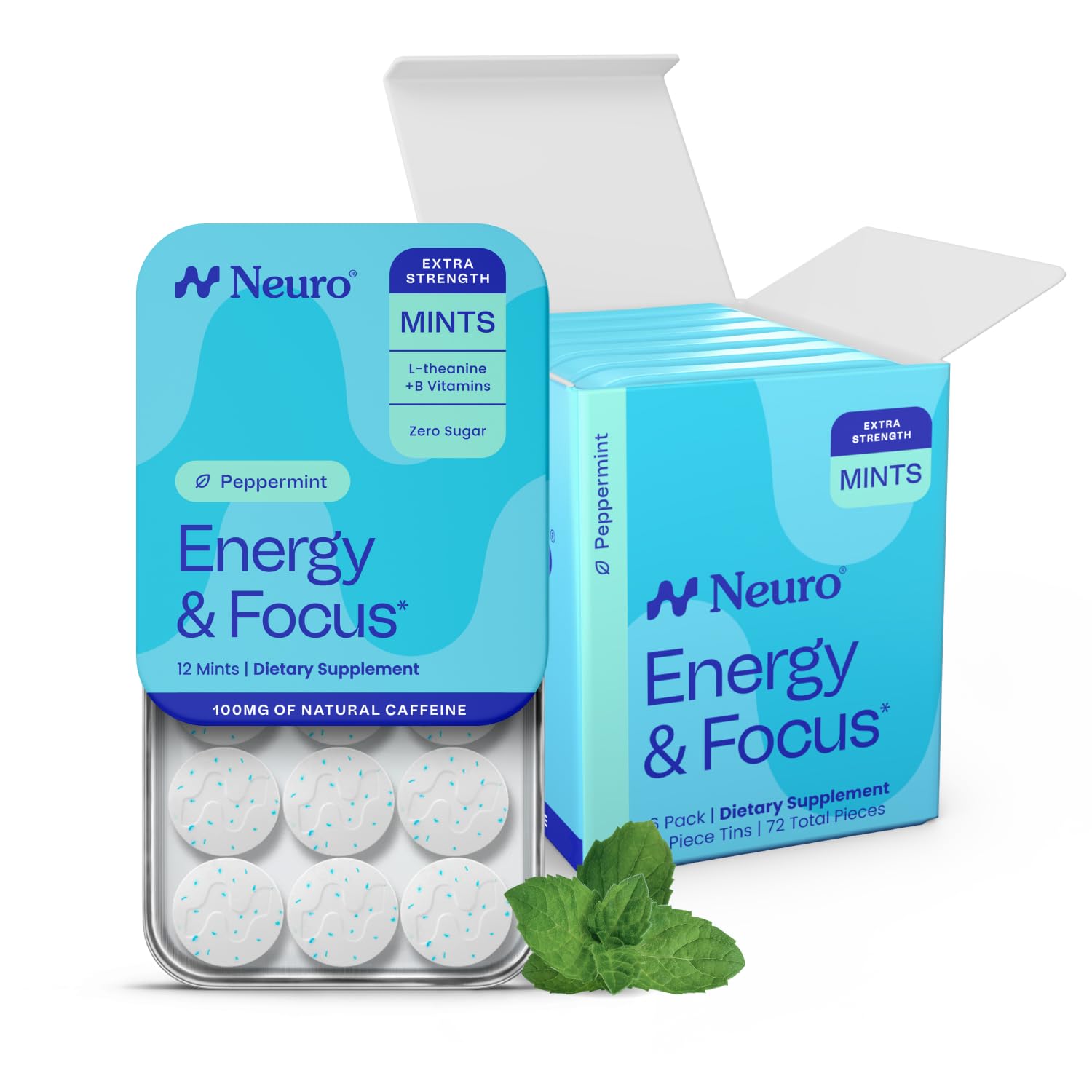 Neuro envase frontal mostrando 72 mints, beneficio: energía portátil
