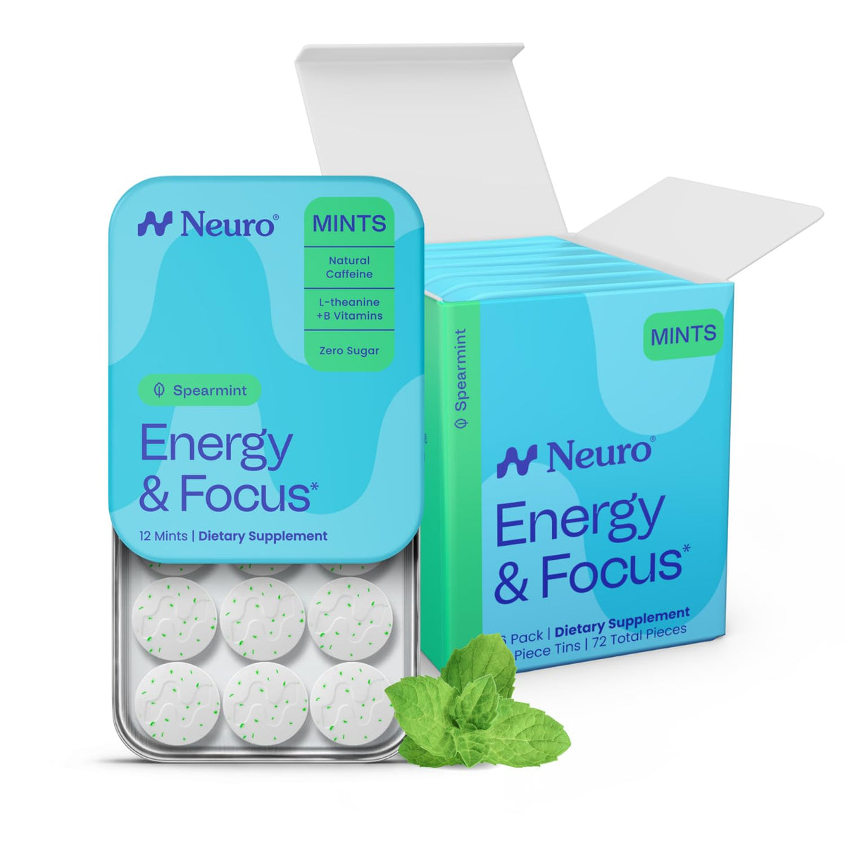 Neuro menta en empaque frontal mostrando conveniencia portátil y beneficio práctico