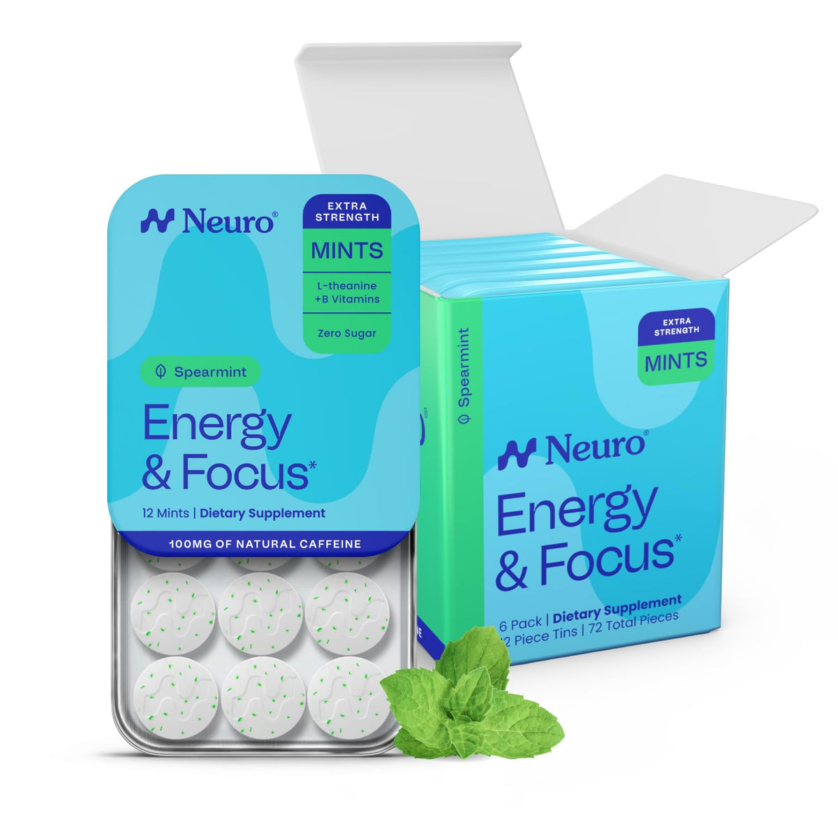 Neuro mentas frontal del envase mostrando diseño y beneficio portátil