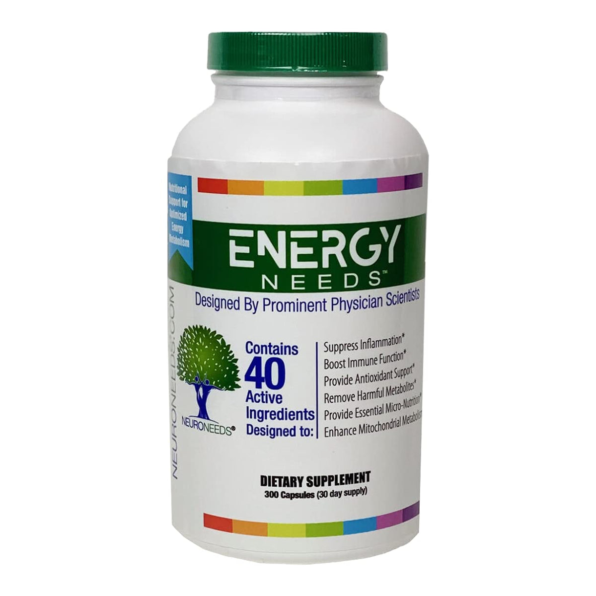 Neuro Needs envase frontal EnergyNeeds® 40 mostrando ingredientes clave y ventaja de conveniencia