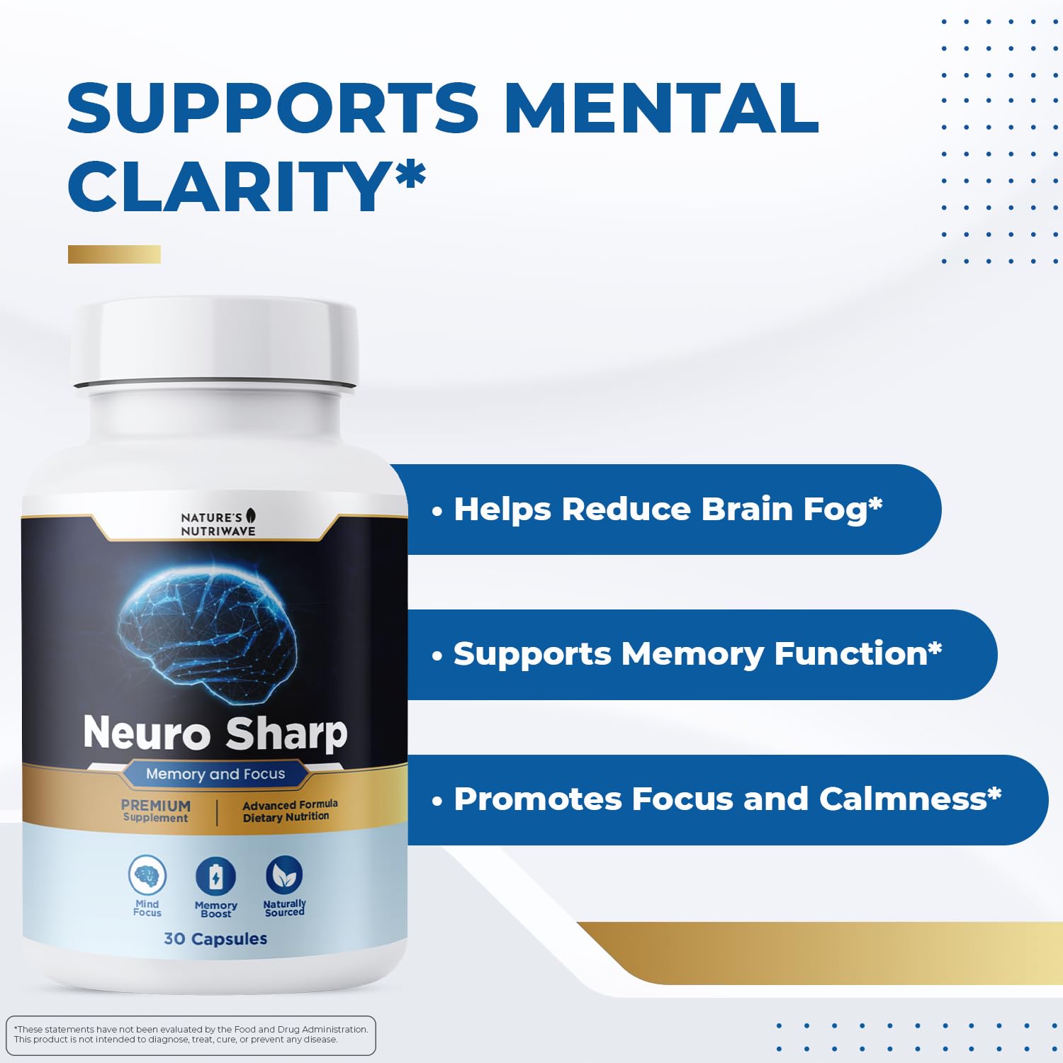 Nature’s NutriWave primer plano de cápsula Neuro Sharp destacando textura y pureza