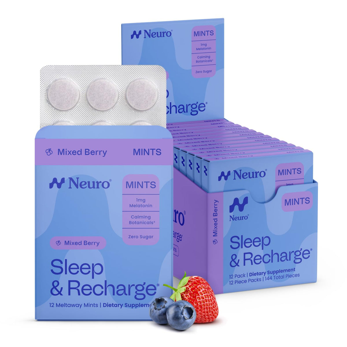 Neuro envase frontal mostrando 144 pastillas frutos del bosque y beneficios de descanso