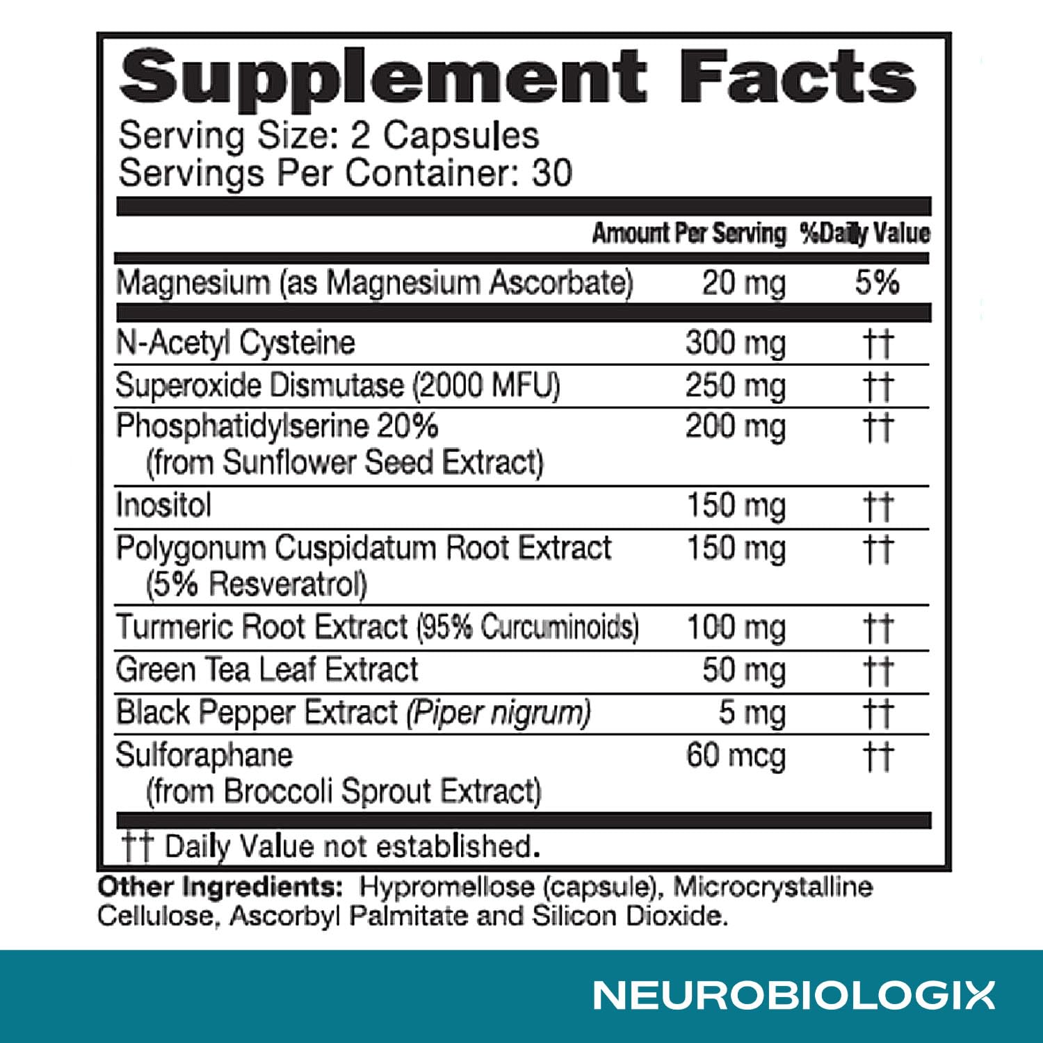 Neurobiologix mezcla de cúrcuma, té verde y resveratrol como vista de ingredientes