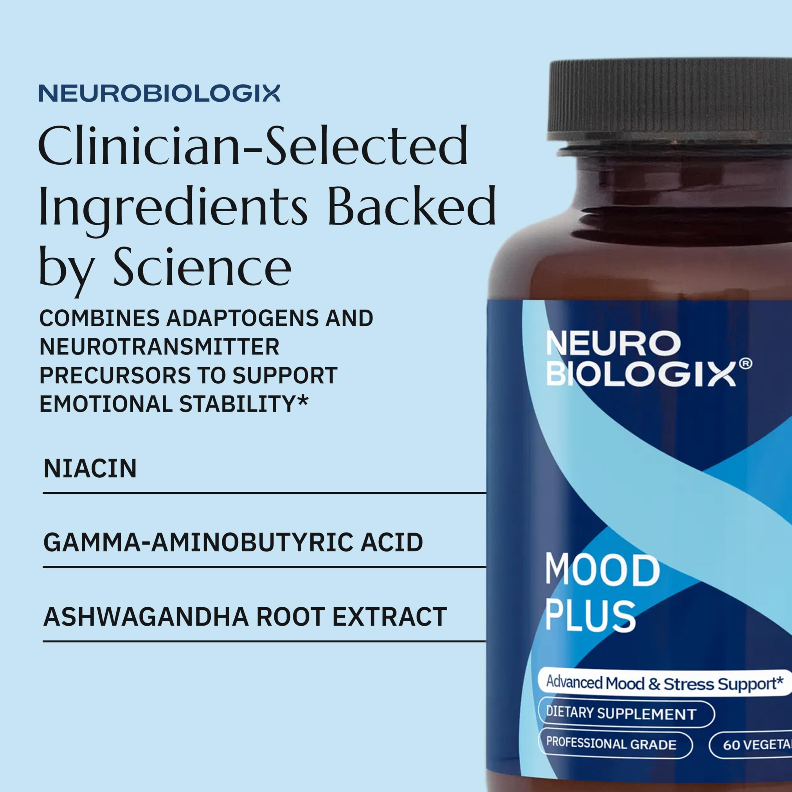 Neurobiologix Mood Plus frasco en mano para comparar tamaño y dosificación
