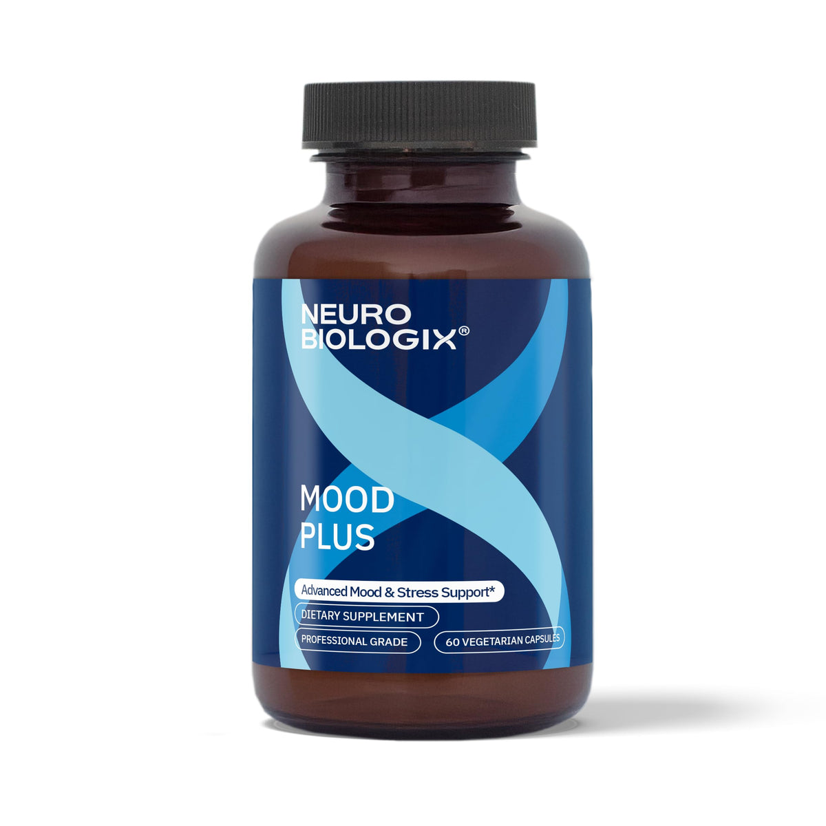 Neurobiologix Mood Plus vista frontal del frasco, diseño y cantidad clara