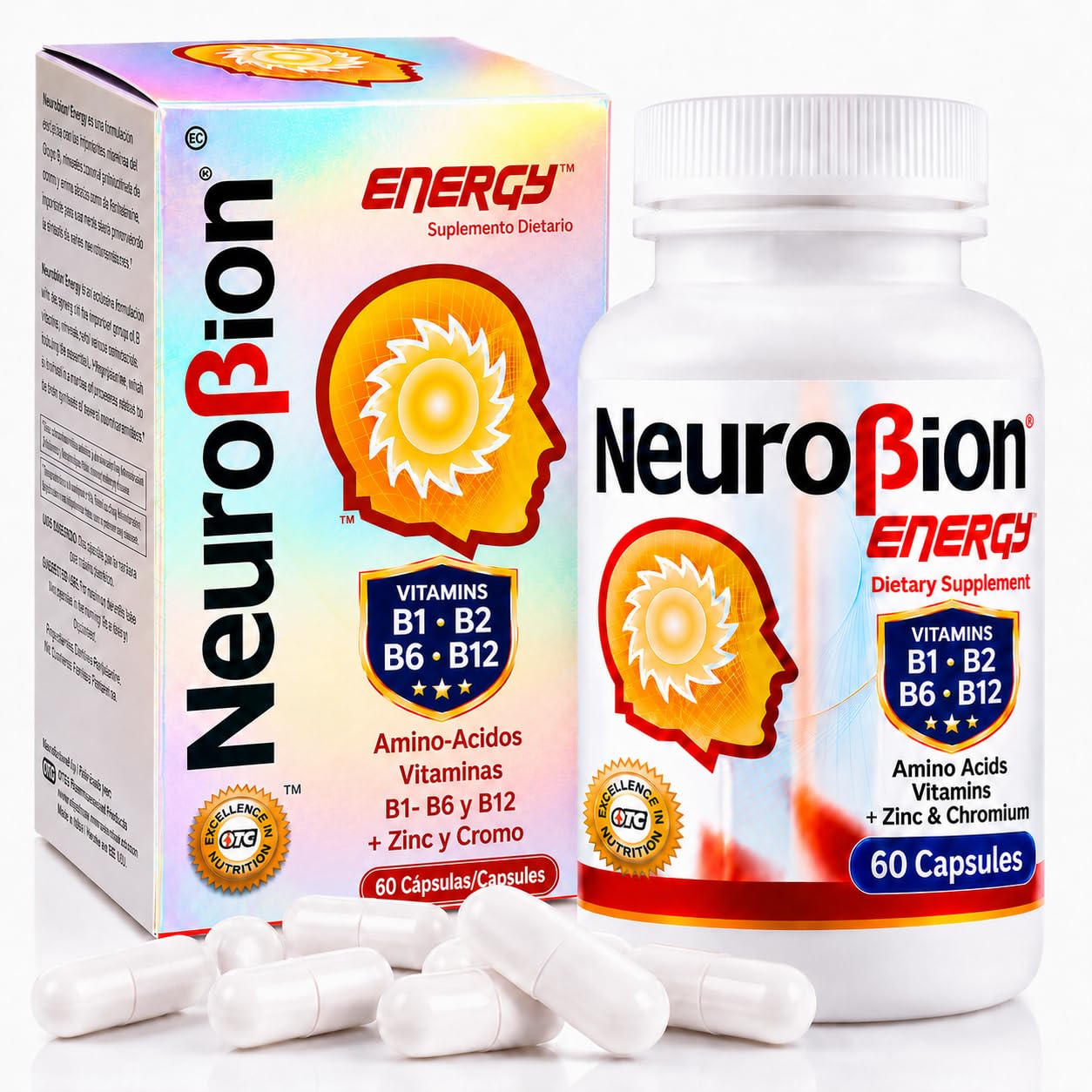Neurobion envase frontal mostrando 60 cápsulas y beneficio energía mental