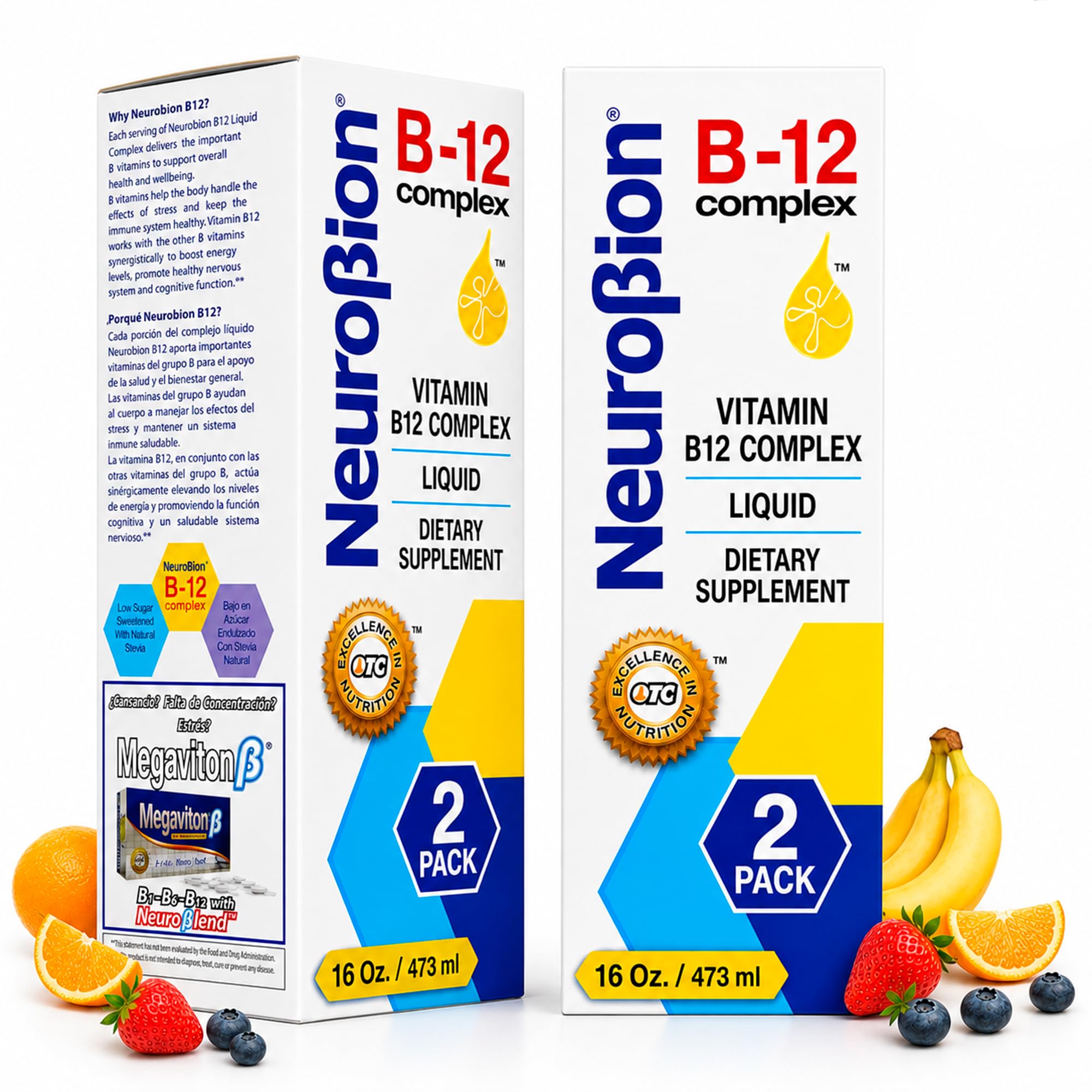 Neurobion frente del envase mostrando la botella y beneficio de aporte de vitaminas