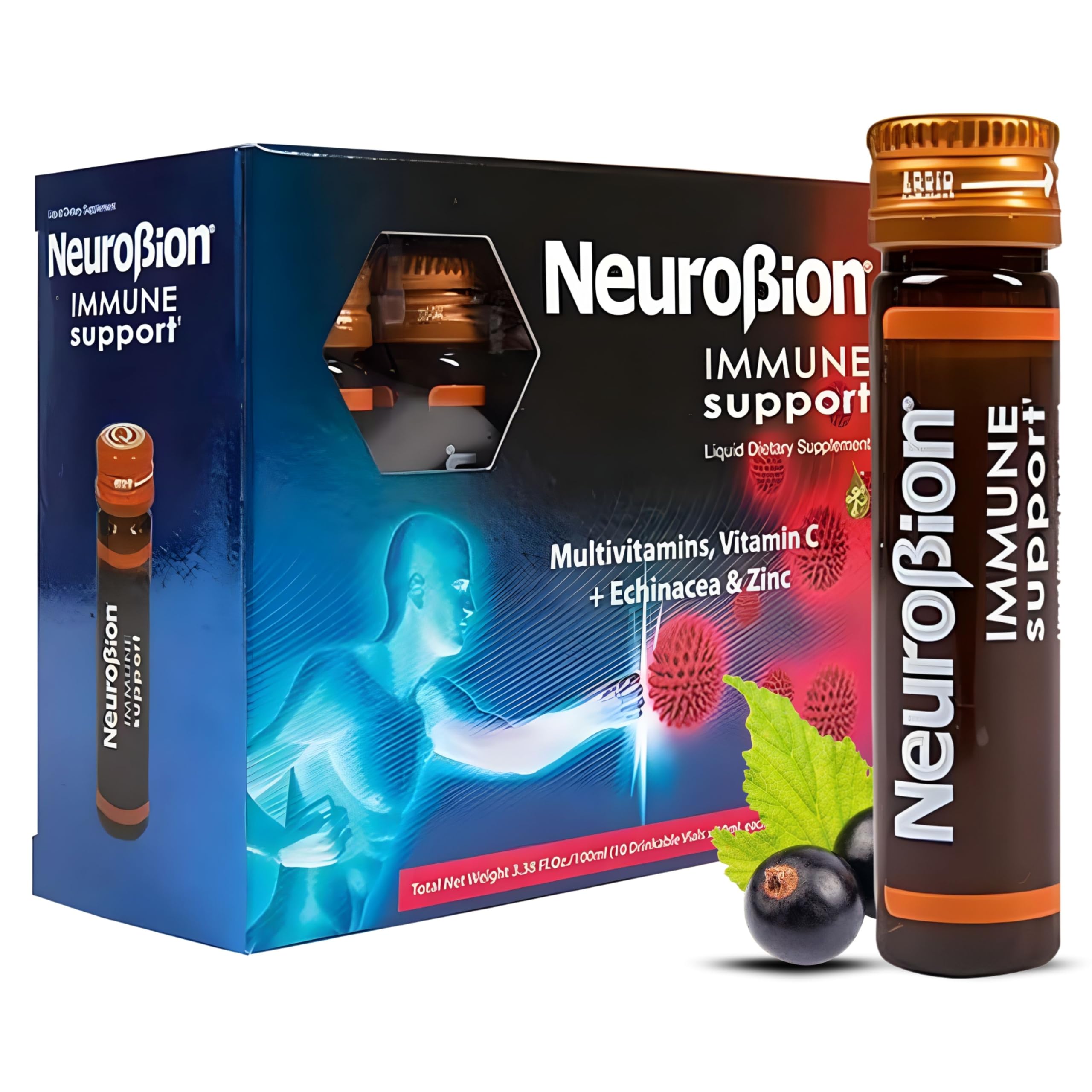 Neurobion envase frontal mostrando 10 viales, conveniencia portátil
