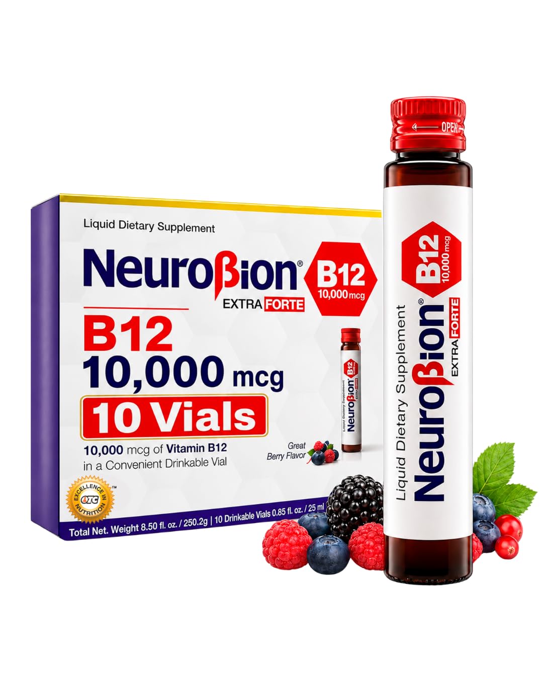 Neurobion viales frontal mostrando el envase y la dosis alta