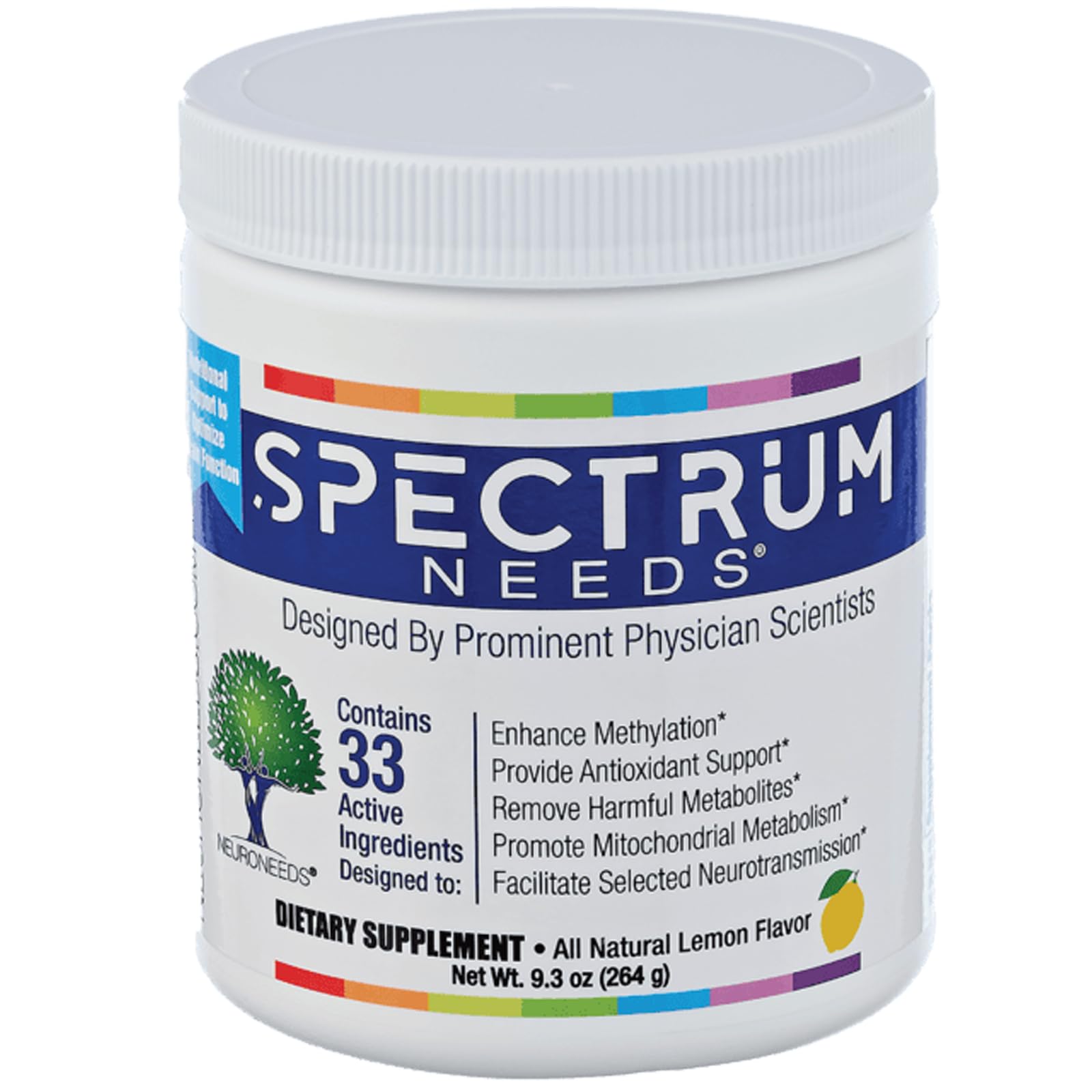 NeuroNeeds envase frontal SpectrumNeeds con sabor limón, claridad de ingredientes y beneficio nutricional