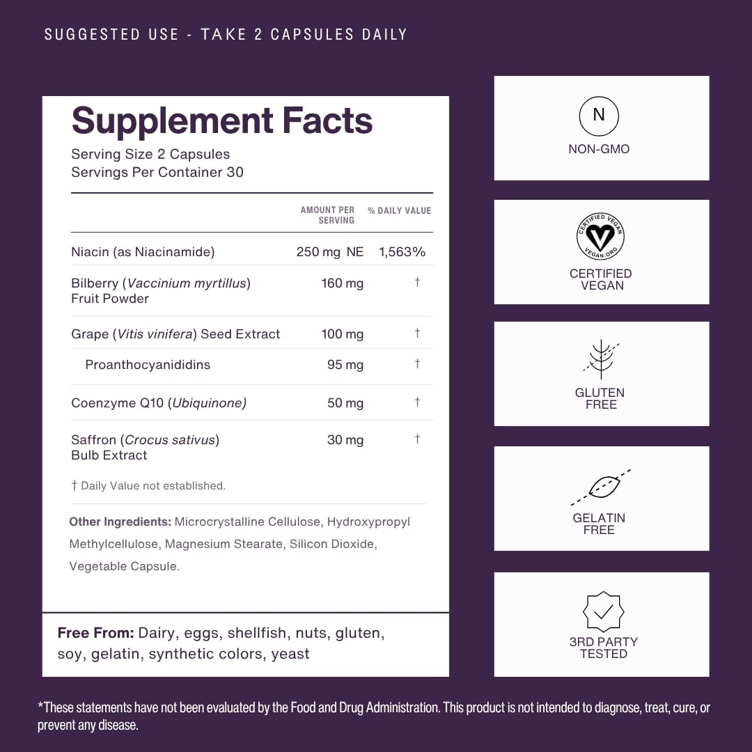 Etiquetado de Neuroptene que muestra ingredientes como CoQ10 y bilberry, Eyecheck y certificación