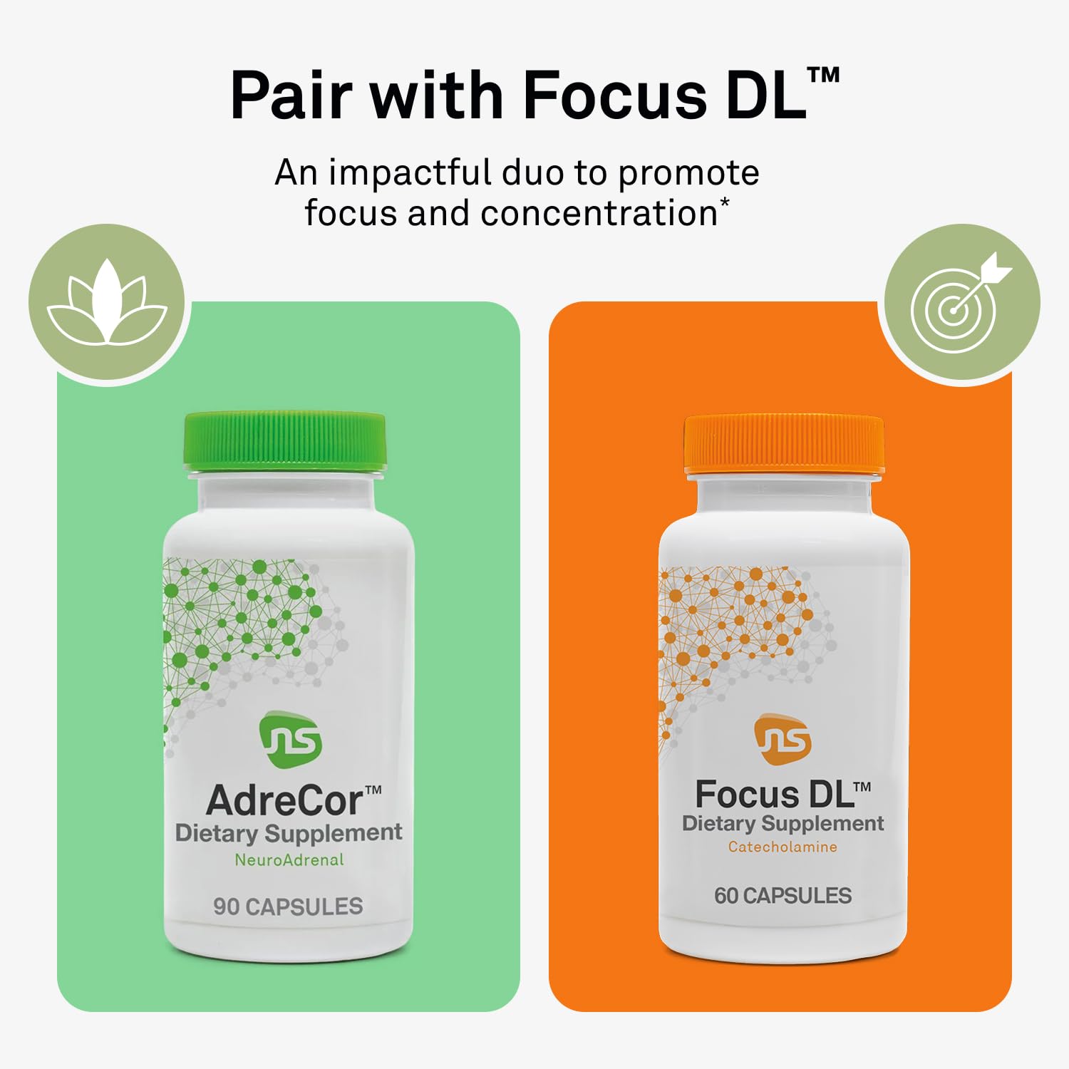 NeuroScience AdreCor etiqueta nutricional indicando composición profesional