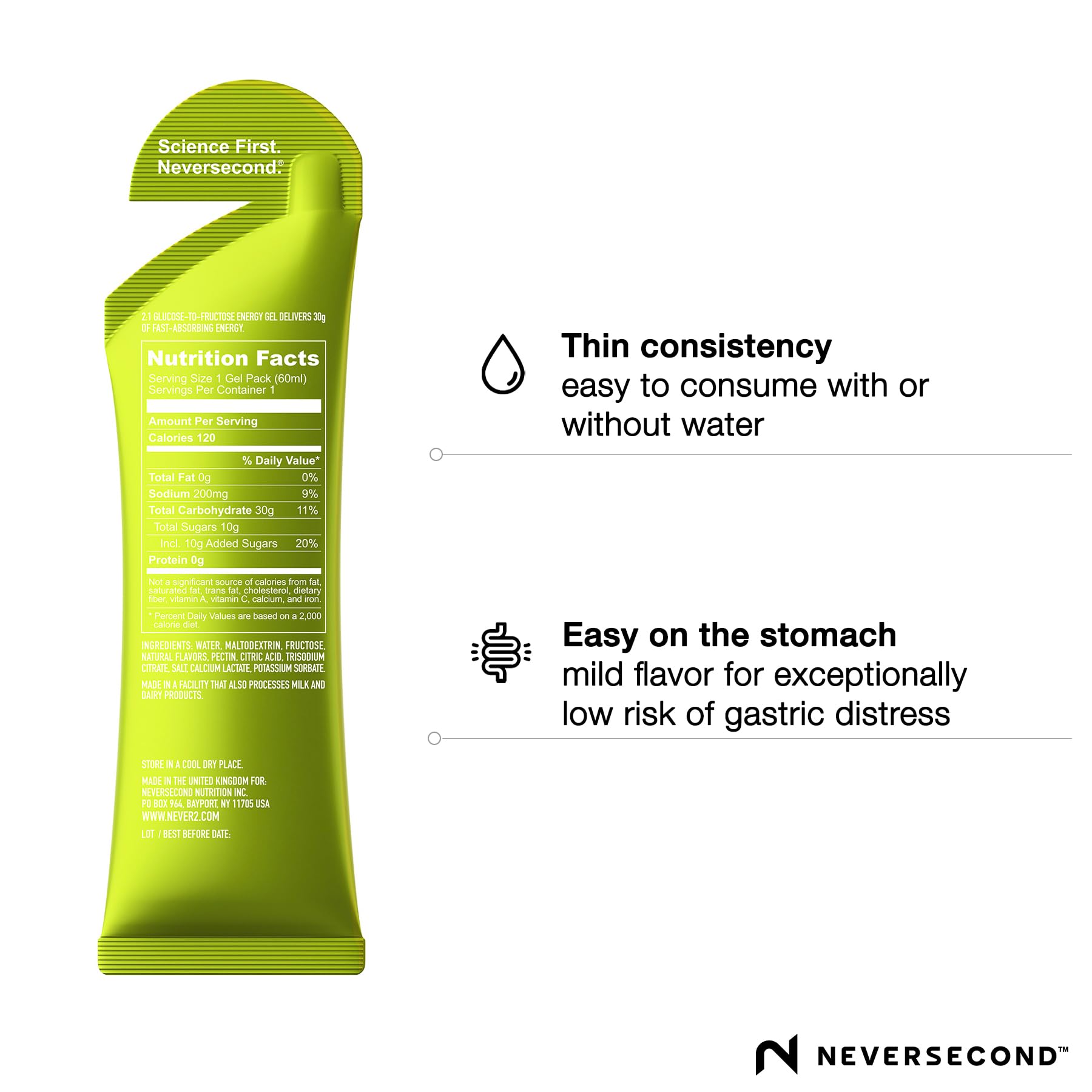 NeverSecond gel vertido en mano mostrando consistencia ligera y absorción rápida de carbohidratos