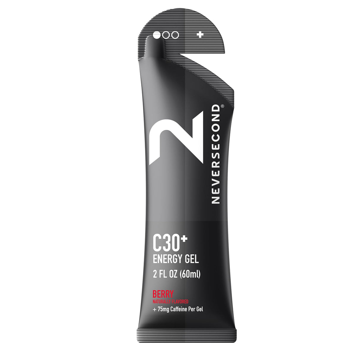 NeverSecond gel C30+ frontal mostrando el sobre y beneficio energético