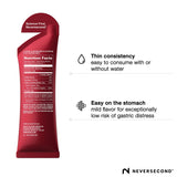 NeverSecond sobre abierto mostrando gel listo para consumir, conveniencia inmediata