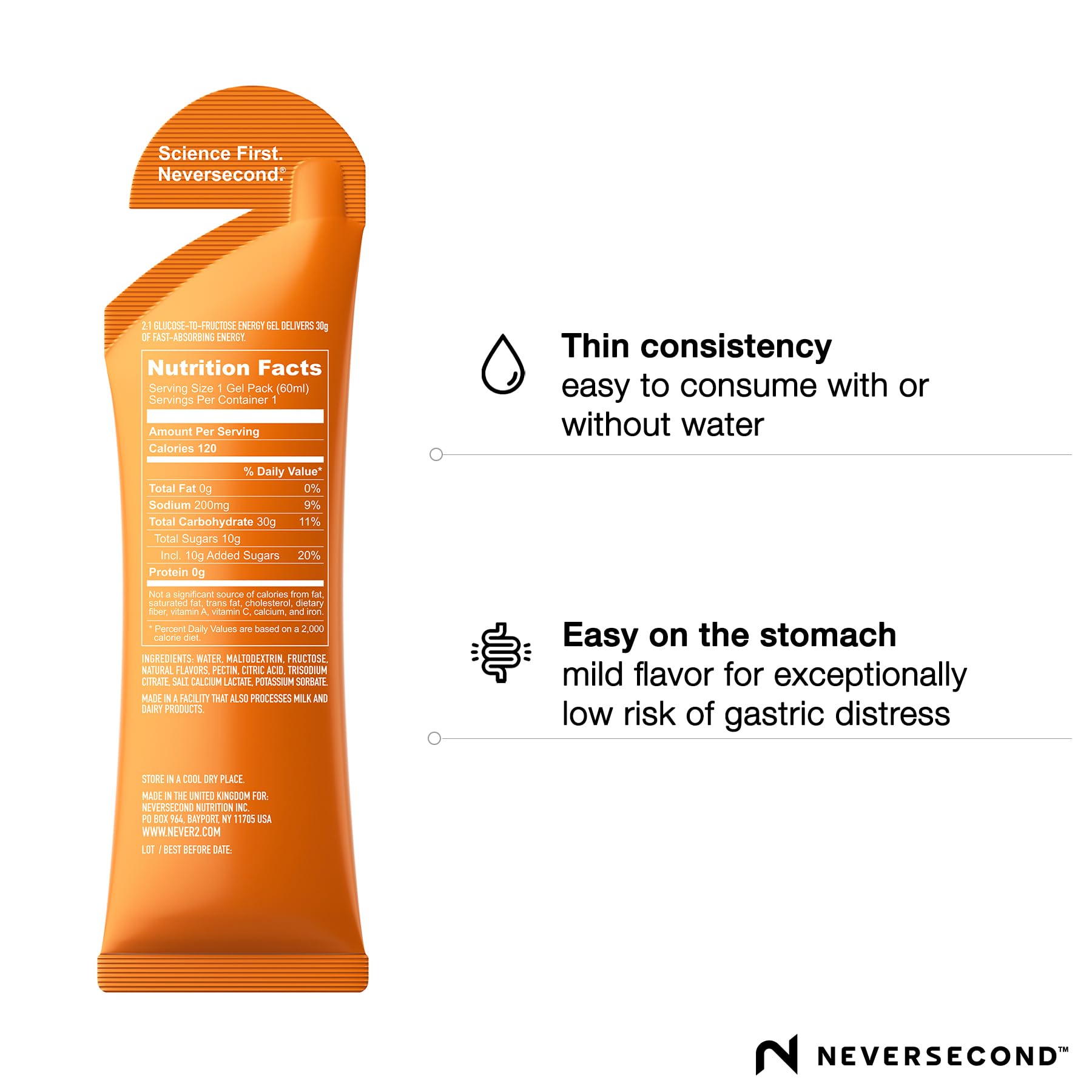 NeverSecond gel C30 etiqueta legible con ingredientes y ventaja informativa